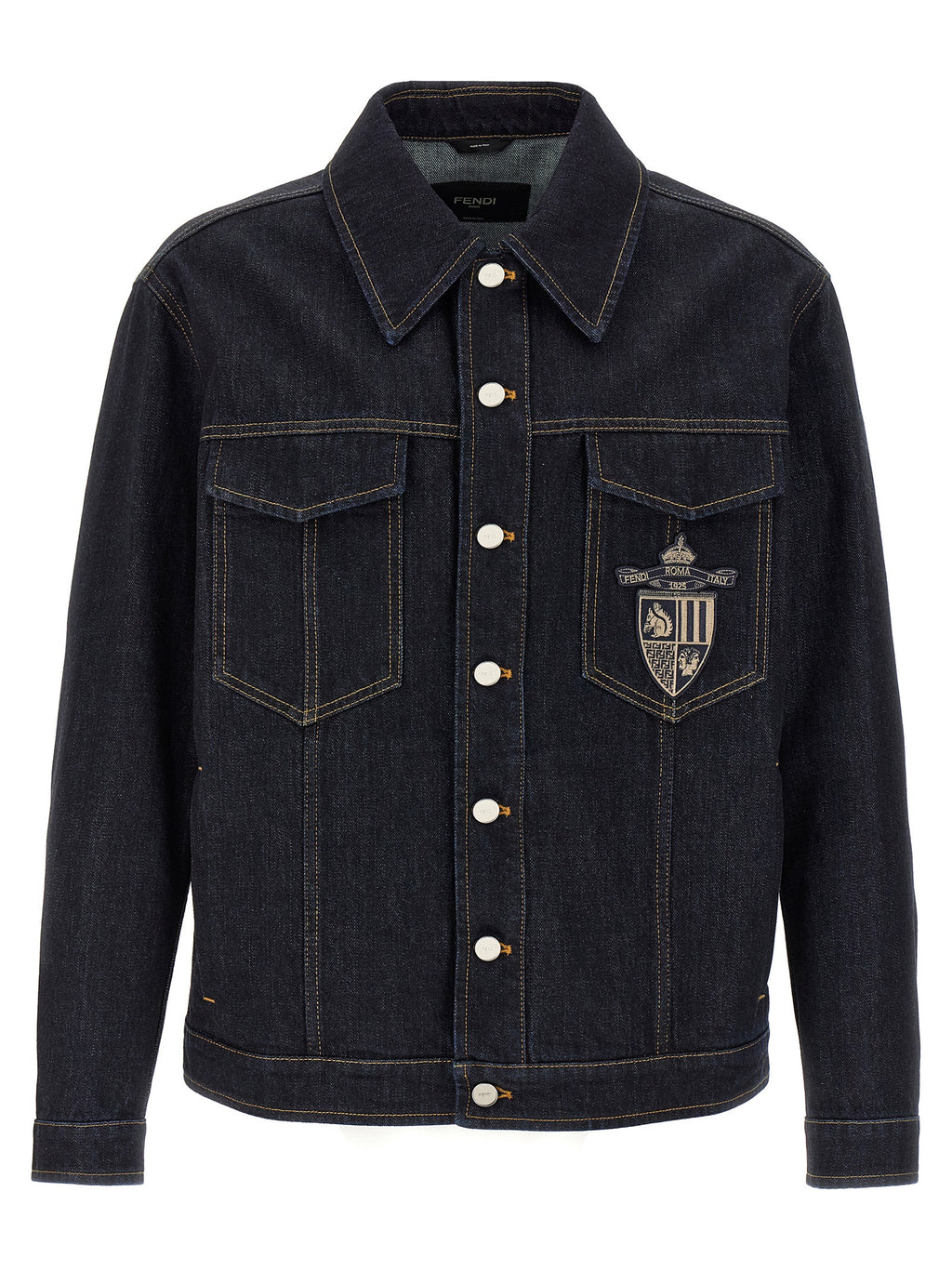 Veste en denim coton bleue de Fendi, style décontracté, avec détails classiques et logo discret visible sur la veste.