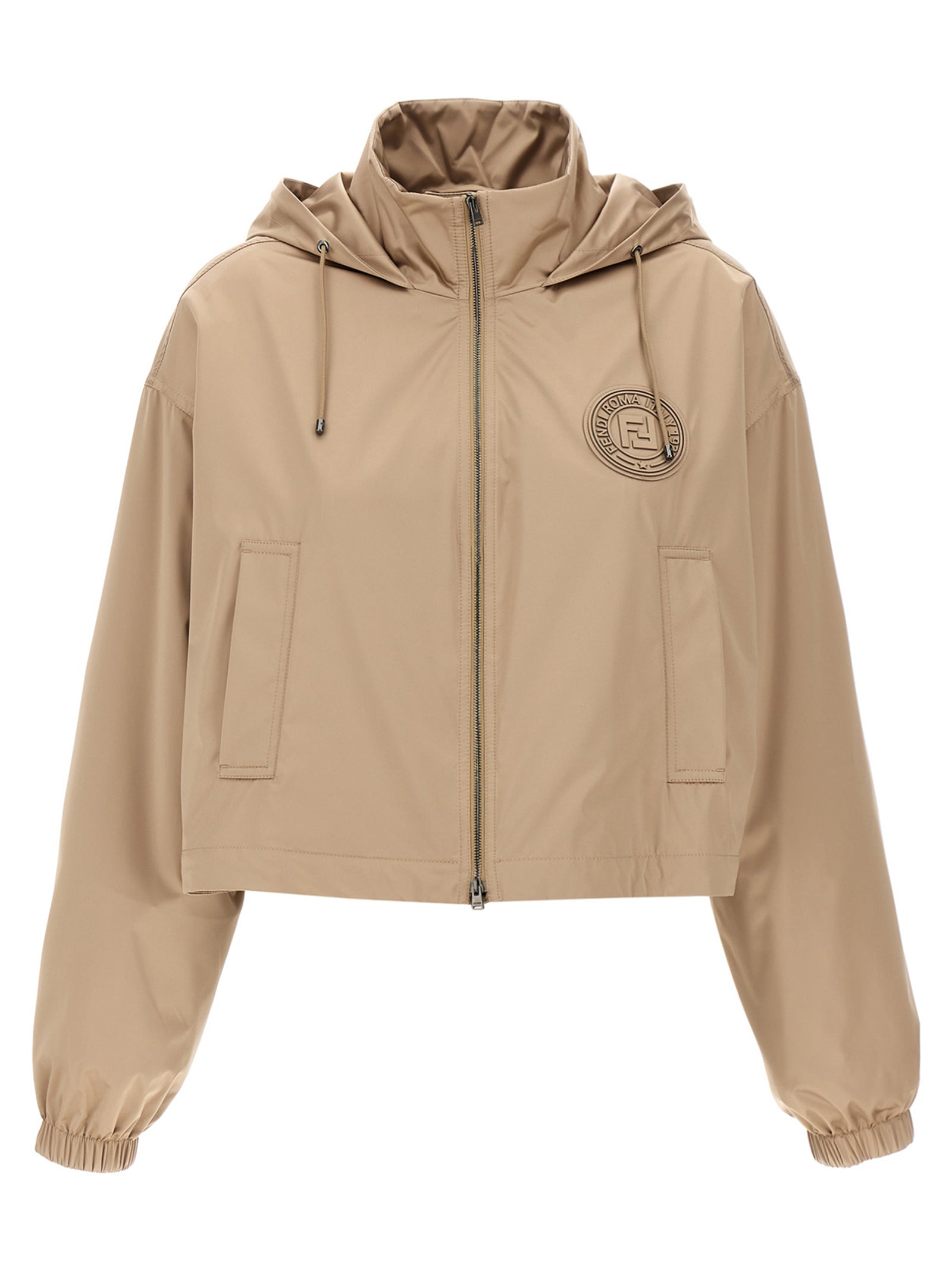Veste en polyester brun de Fendi avec capuche et fermeture zippée, style coupe-vent et moderne.