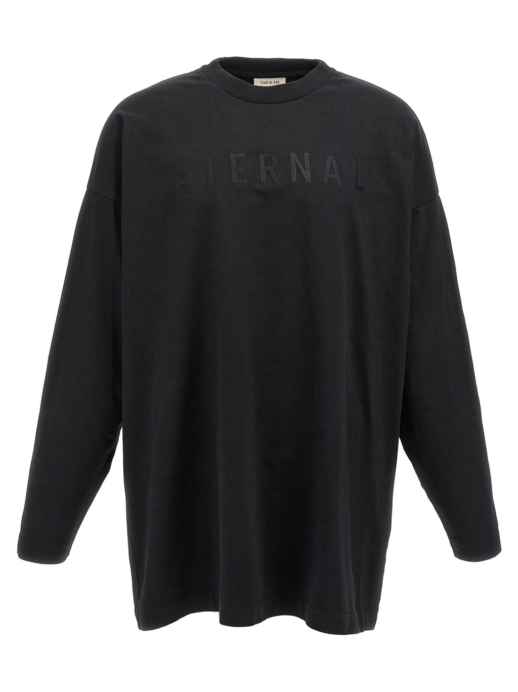 T-shirt noir en coton de la marque Fear Of God, coupe classique, avec logo discret sur la poitrine, vue de face.