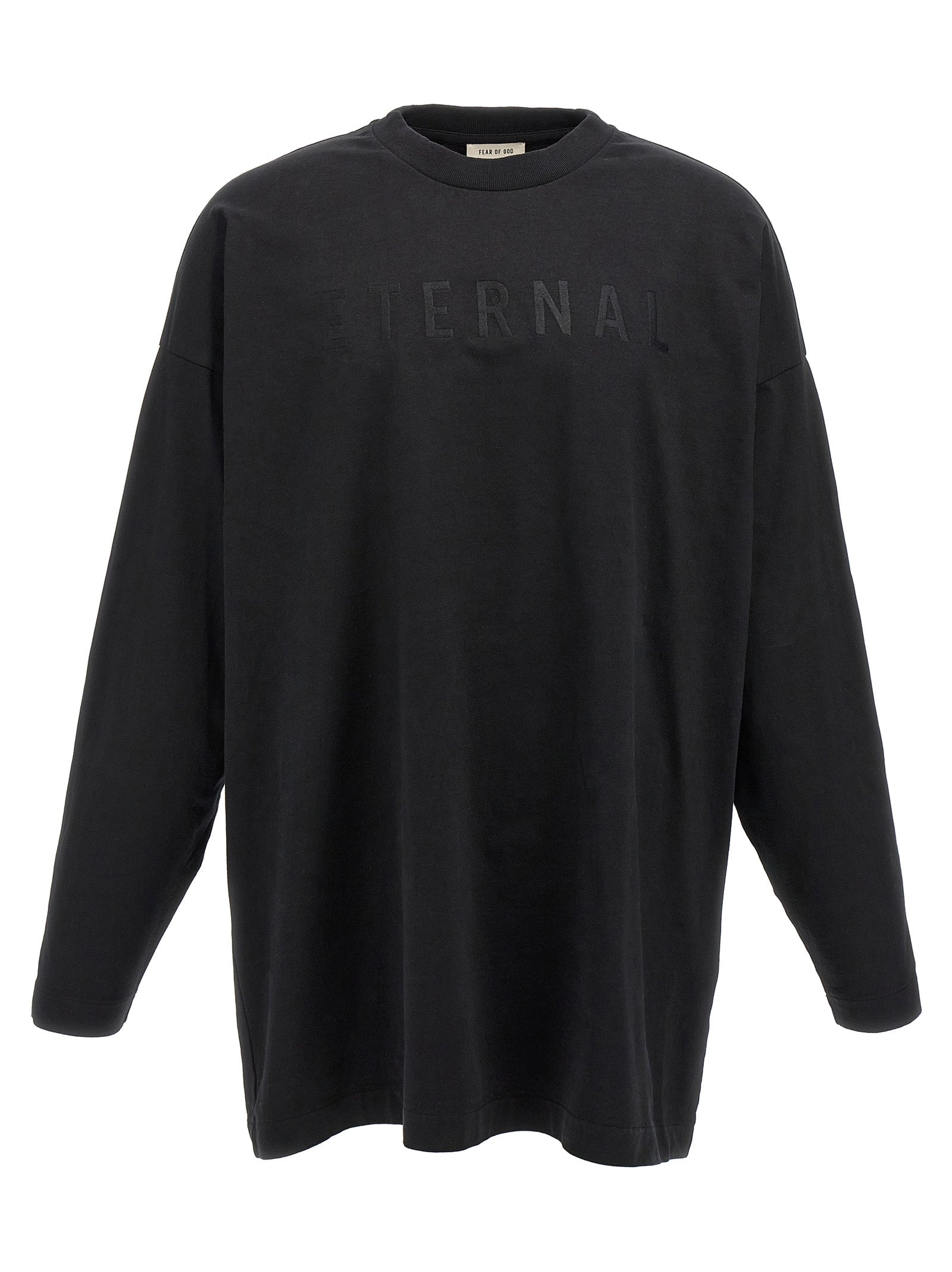 T-shirt noir en coton de la marque Fear Of God, coupe classique, avec logo discret sur la poitrine, vue de face.