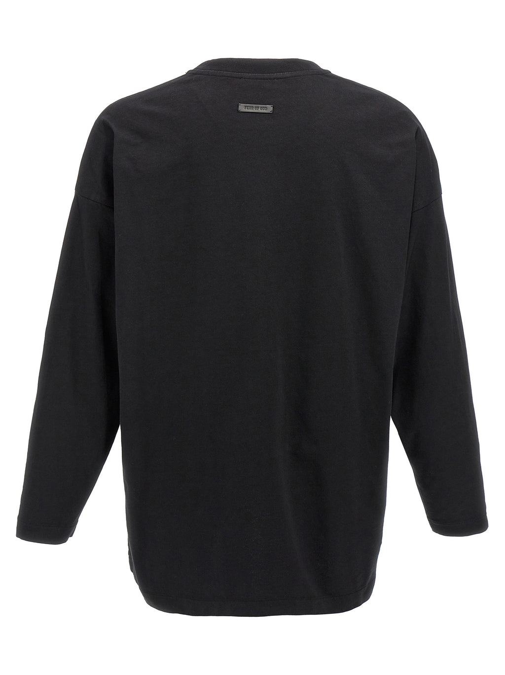 T-shirt en coton noir de la marque Fear Of God, coupe classique et logo discret, porté sur un mannequin.