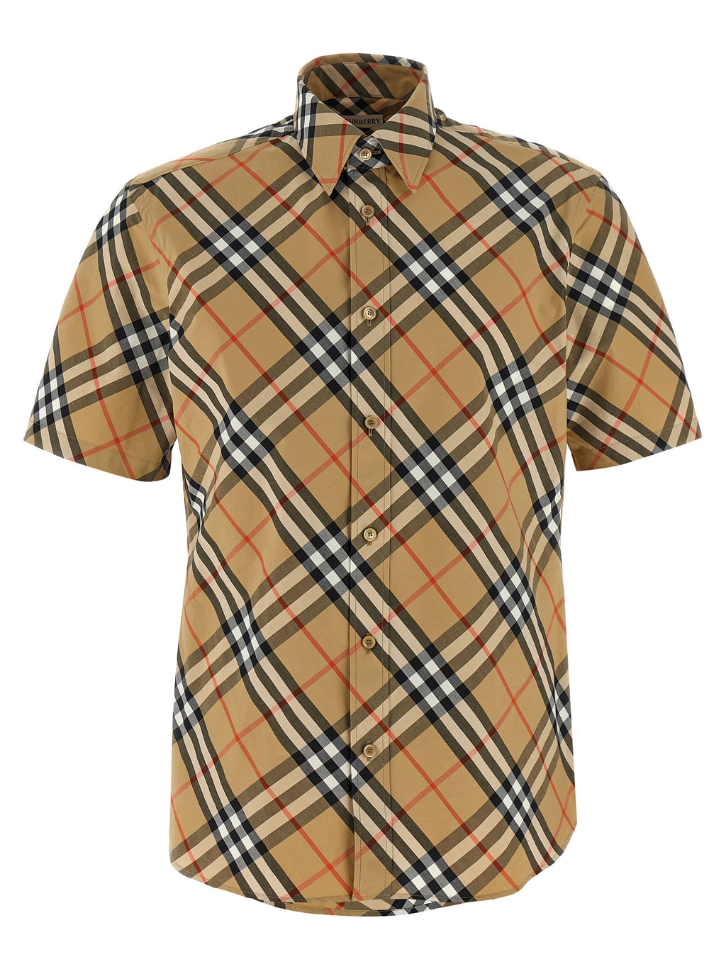 Chemise beige en coton de la marque Burberry, vue de face, avec col classique et boutons visibles.