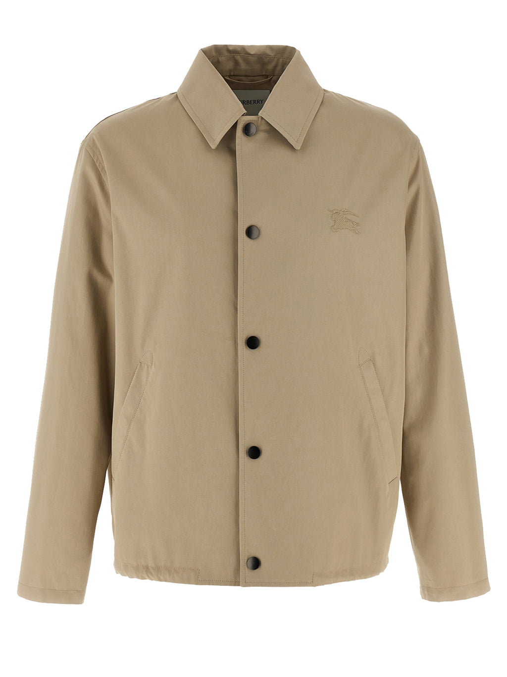 Veste longue beige en coton de la marque Burberry, vue de face, avec fermeture et détails classiques.