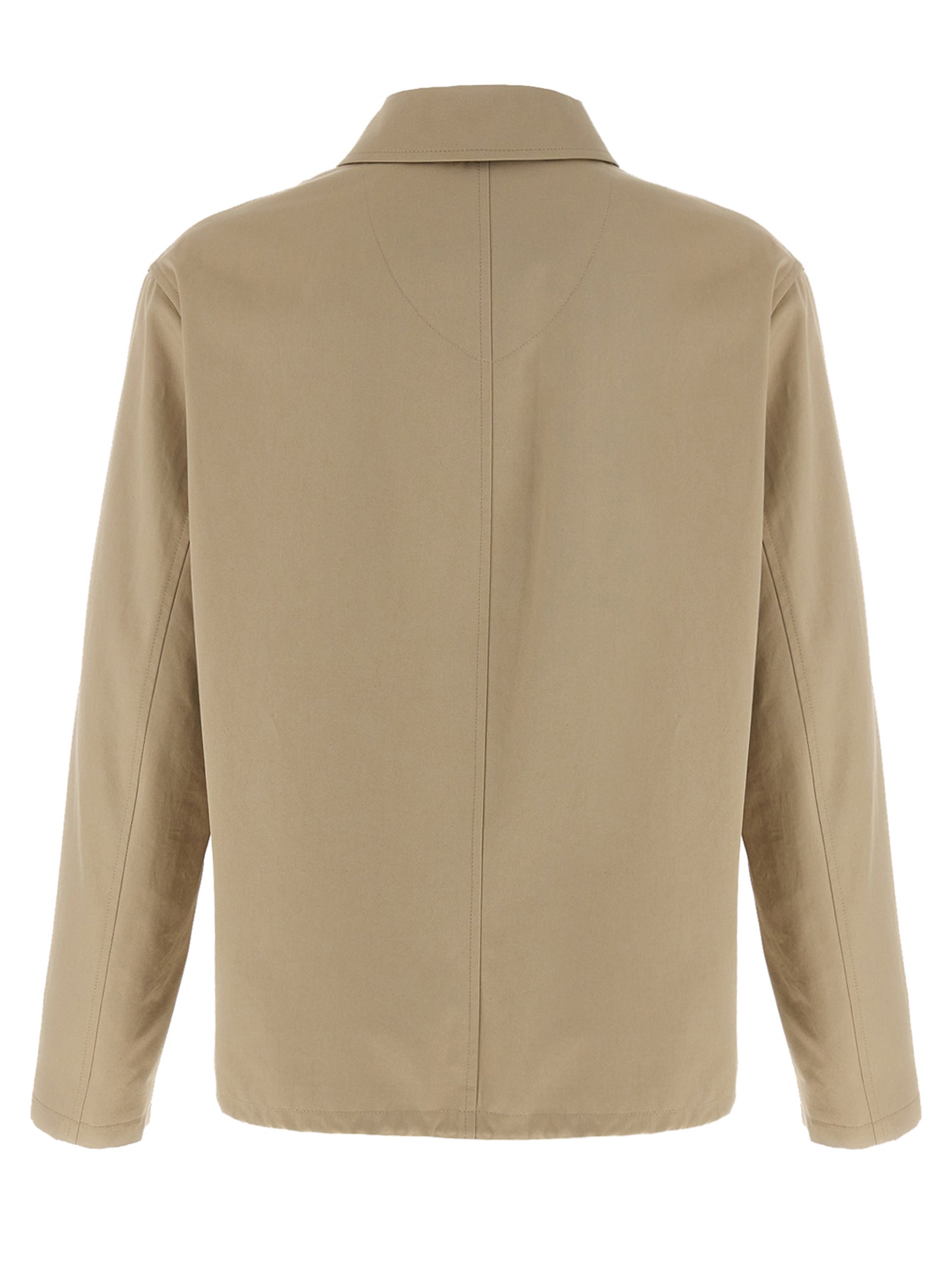 Veste en coton beige longue de Burberry, élégante et classique, avec détails de couture visibles sur l'image.