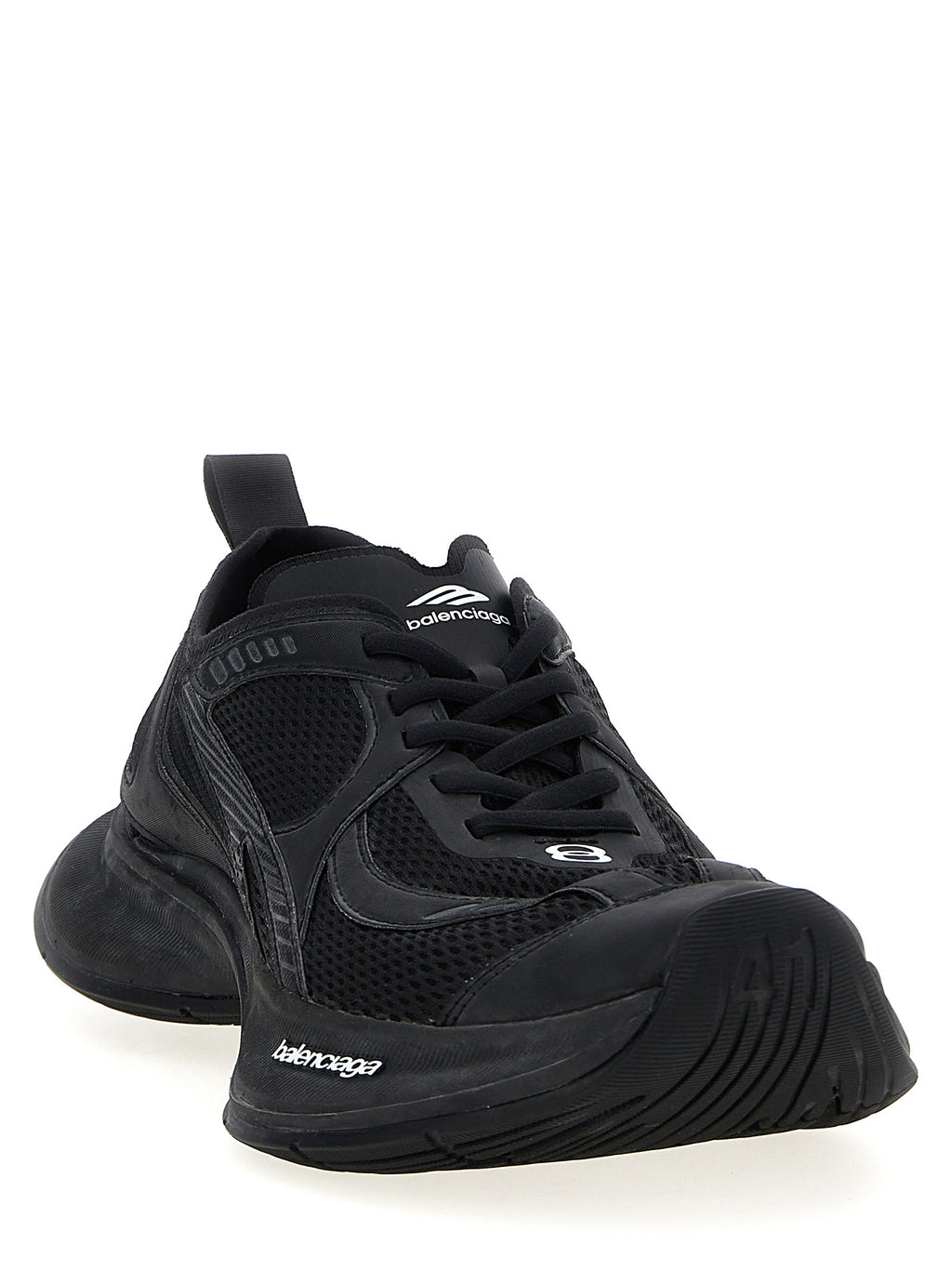 Chaussures de sport Balenciaga en polyester noir, sneakers athlétiques modernes avec semelle blanche.