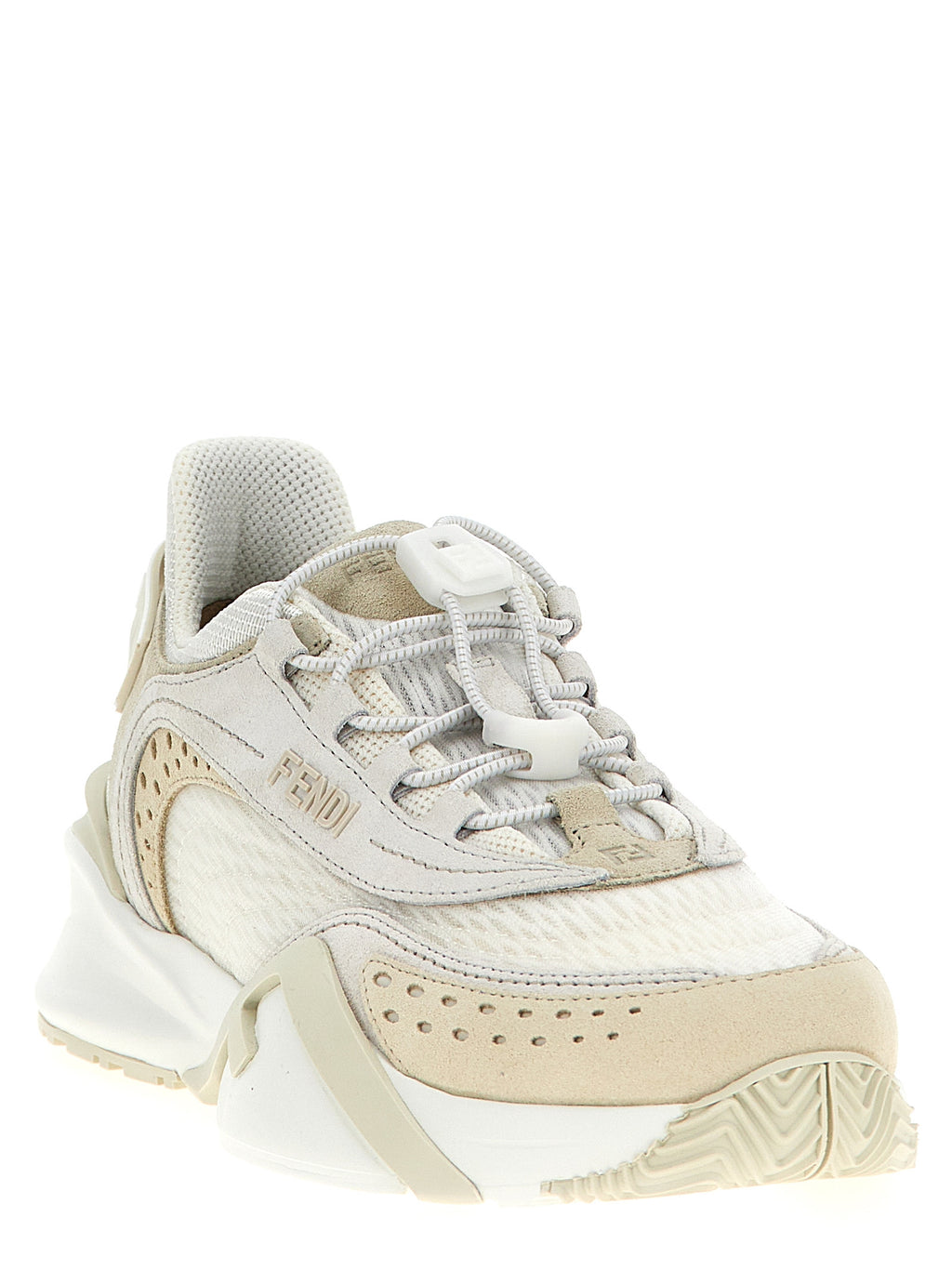 Sneakers de sport blanches en polyester de la marque Fendi, avec design élégant et semelle blanche sur fond blanc.