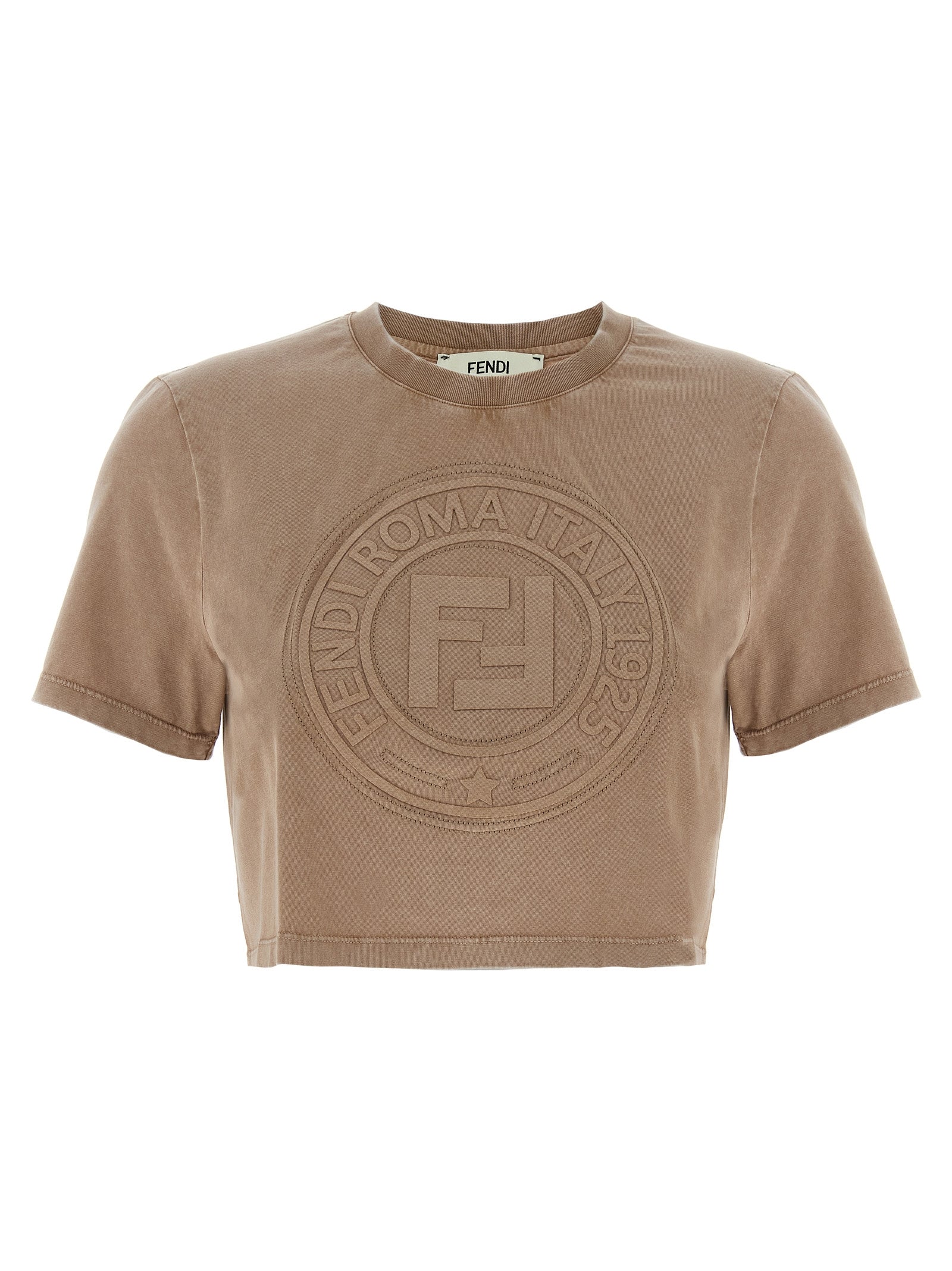 T-shirt en coton marron de la marque Fendi, coupe classique, avec logo discret visible sur le devant.