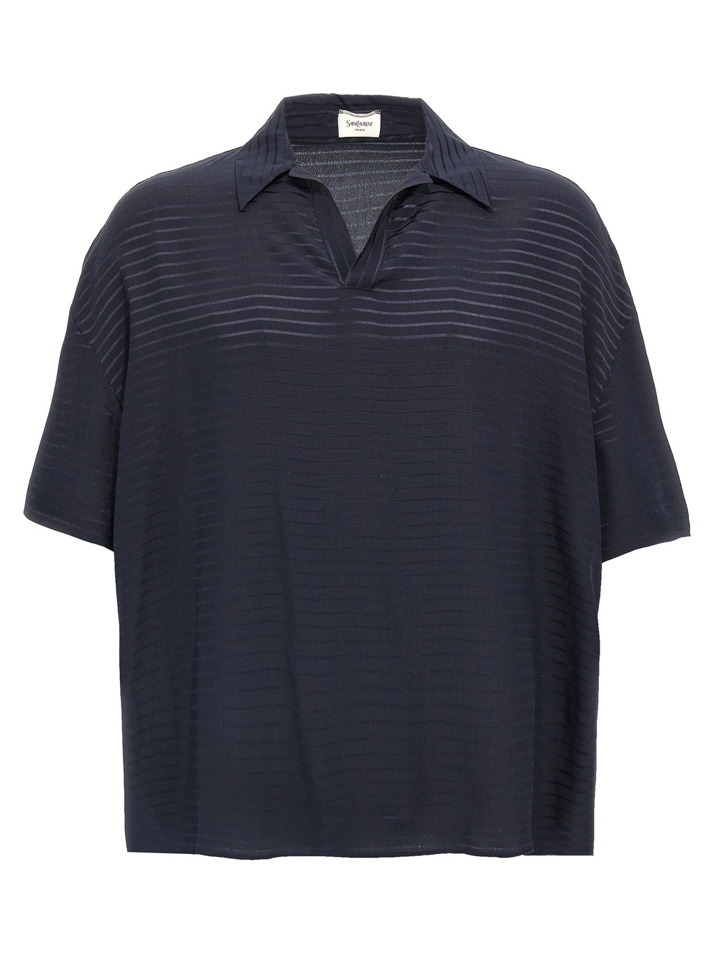 Chemise polo en soie bleue Saint Laurent, vue de face, avec col et boutons visibles.