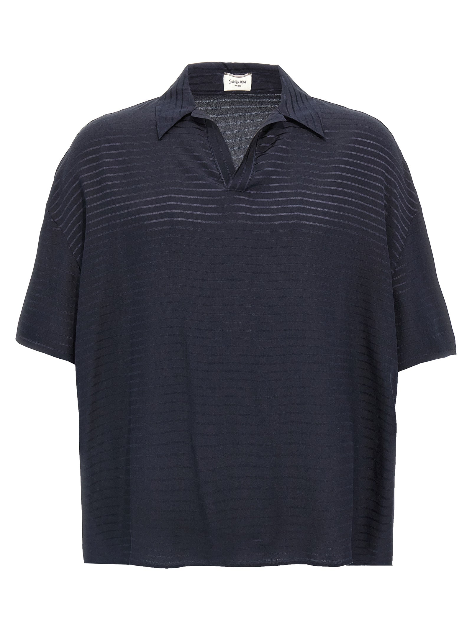 Chemise polo en soie bleue Saint Laurent, vue de face, avec col et boutons visibles.