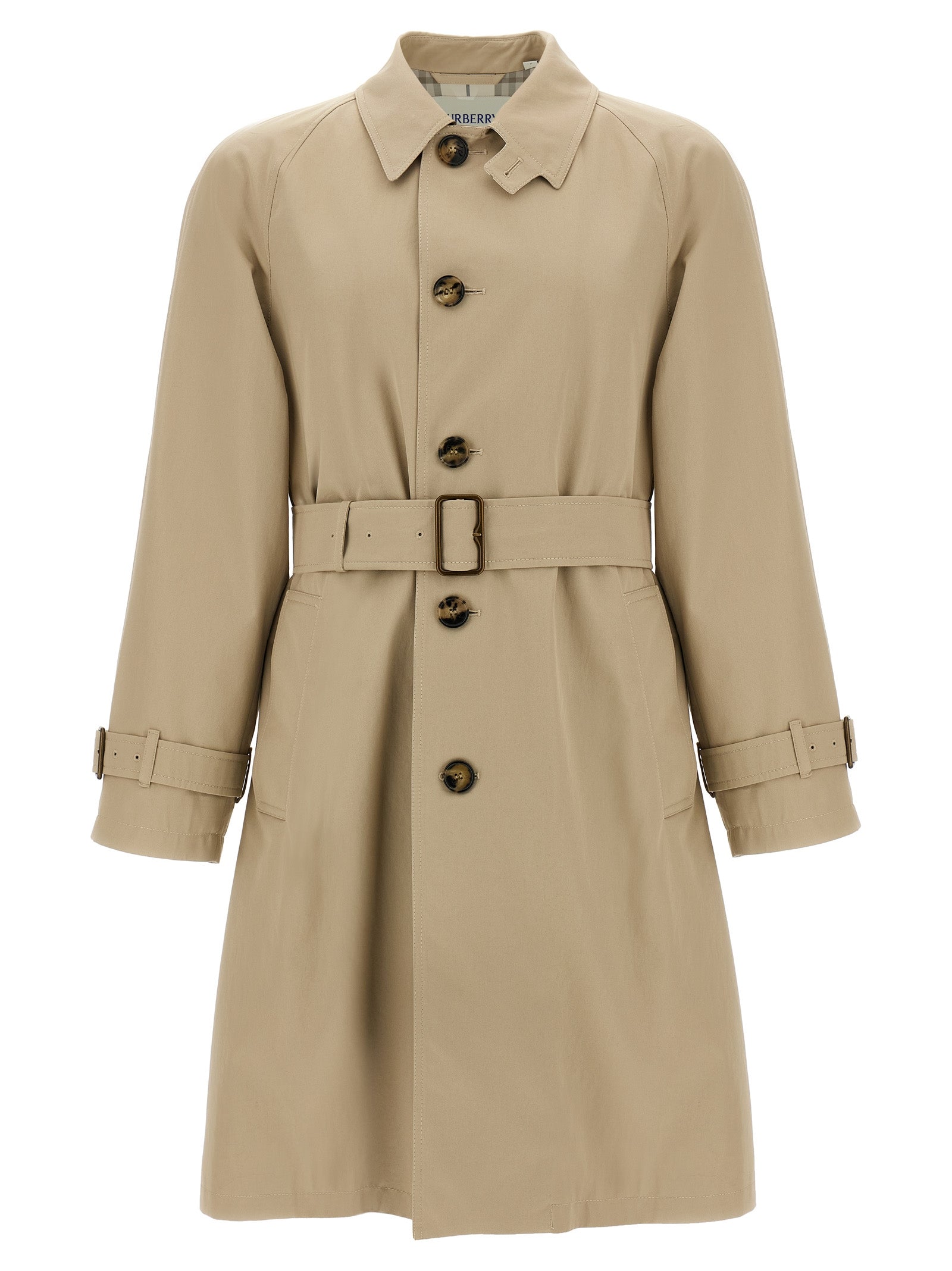 Manteau beige en coton de la marque Burberry, vue de face avec col classic et boutons devant.