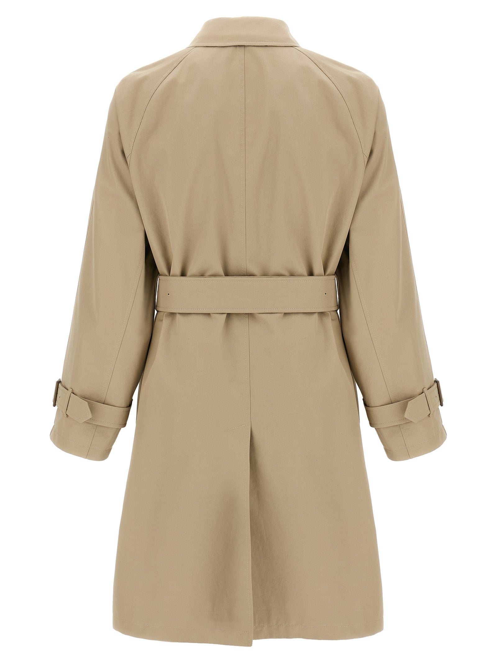 Manteau beige en coton de la marque Burberry, visible avec fermeture à boutons et col classique.