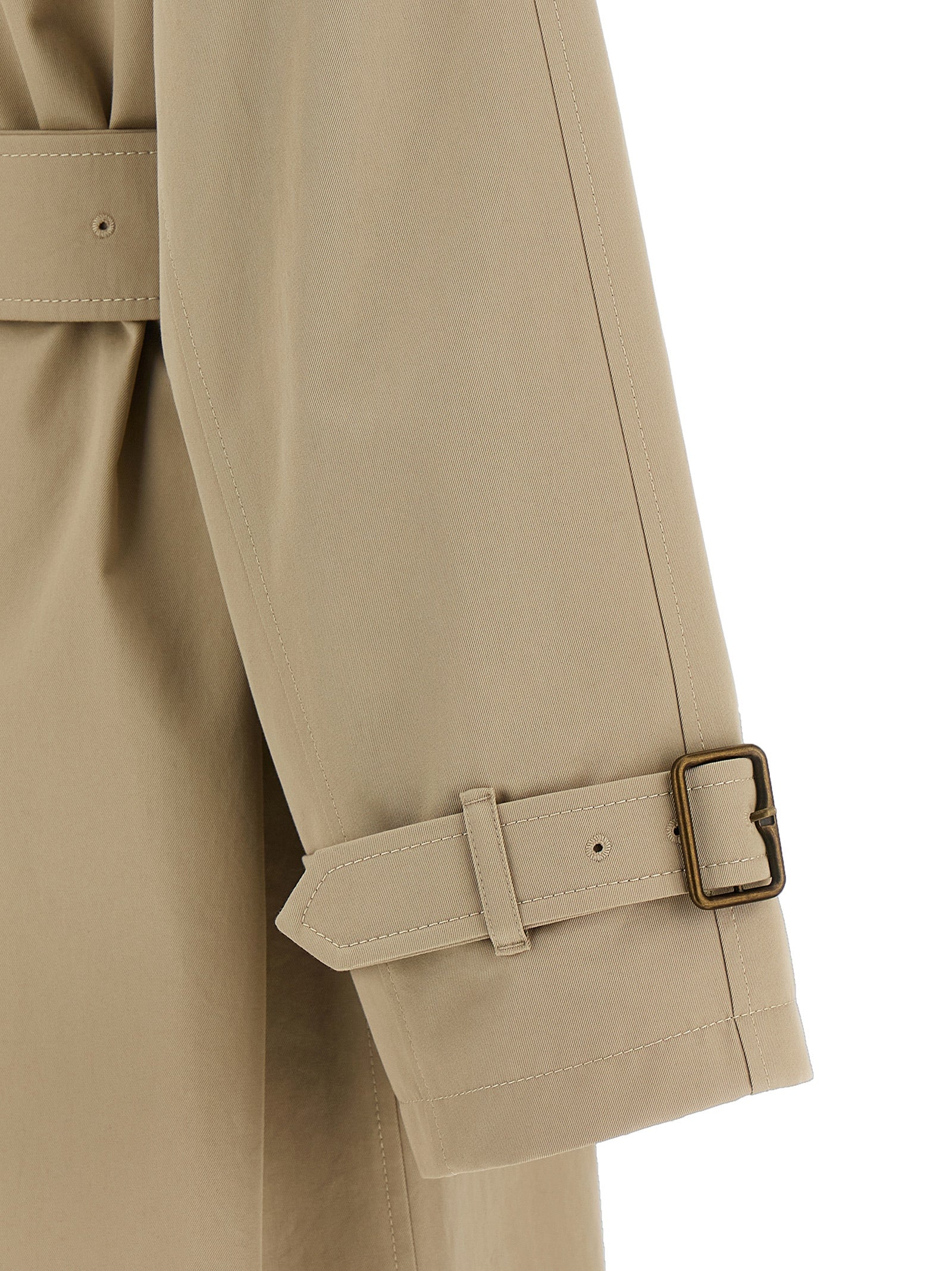 Manteau en coton beige Burberry pour femme, coupe classique, avec col et boutons visibles.