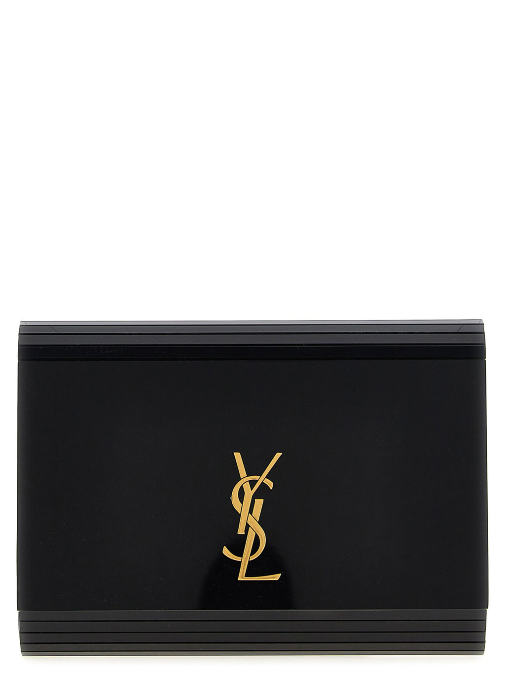 Sac à bandoulière noir en plexiglas de Saint Laurent, design élégant avec détails modernes et finition brillante.