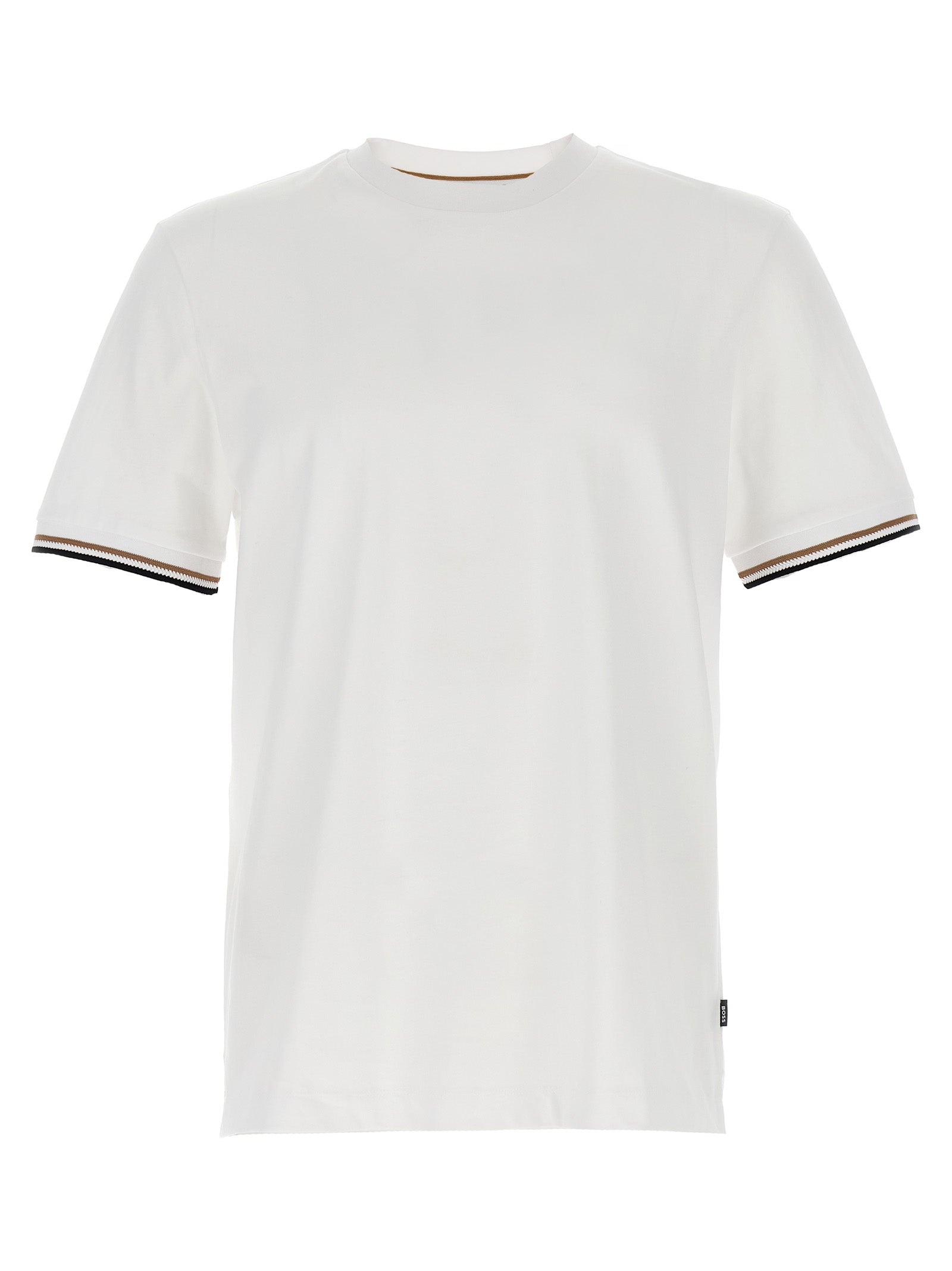 T-shirt blanc en coton de la marque Hugo Boss, coupe classique avec col rond, présenté sur un mannequin.
