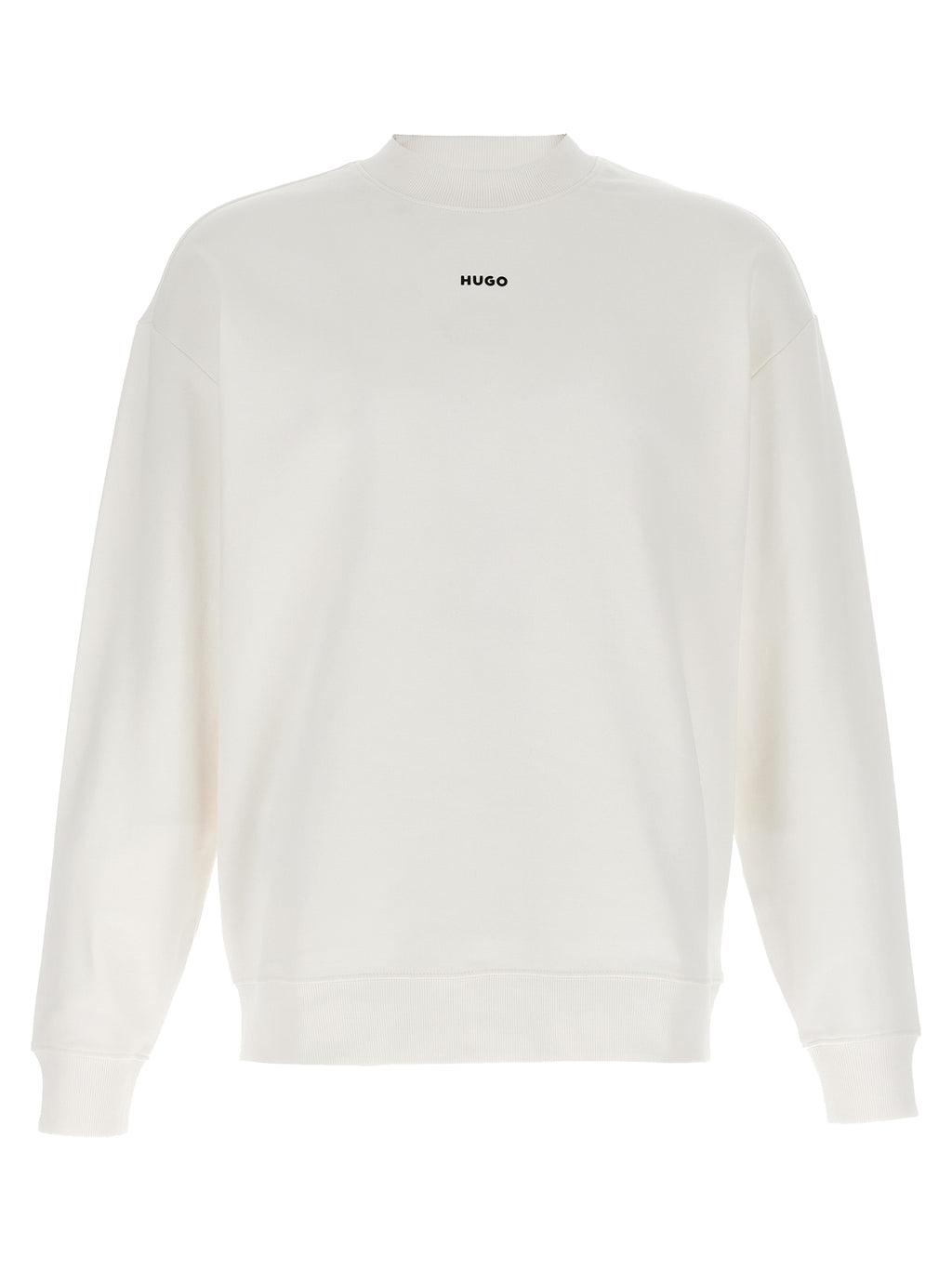 Sweat-shirt blanc en coton de la marque Hugo Boss, coupe classique et logo discret, porté sur un mannequin.