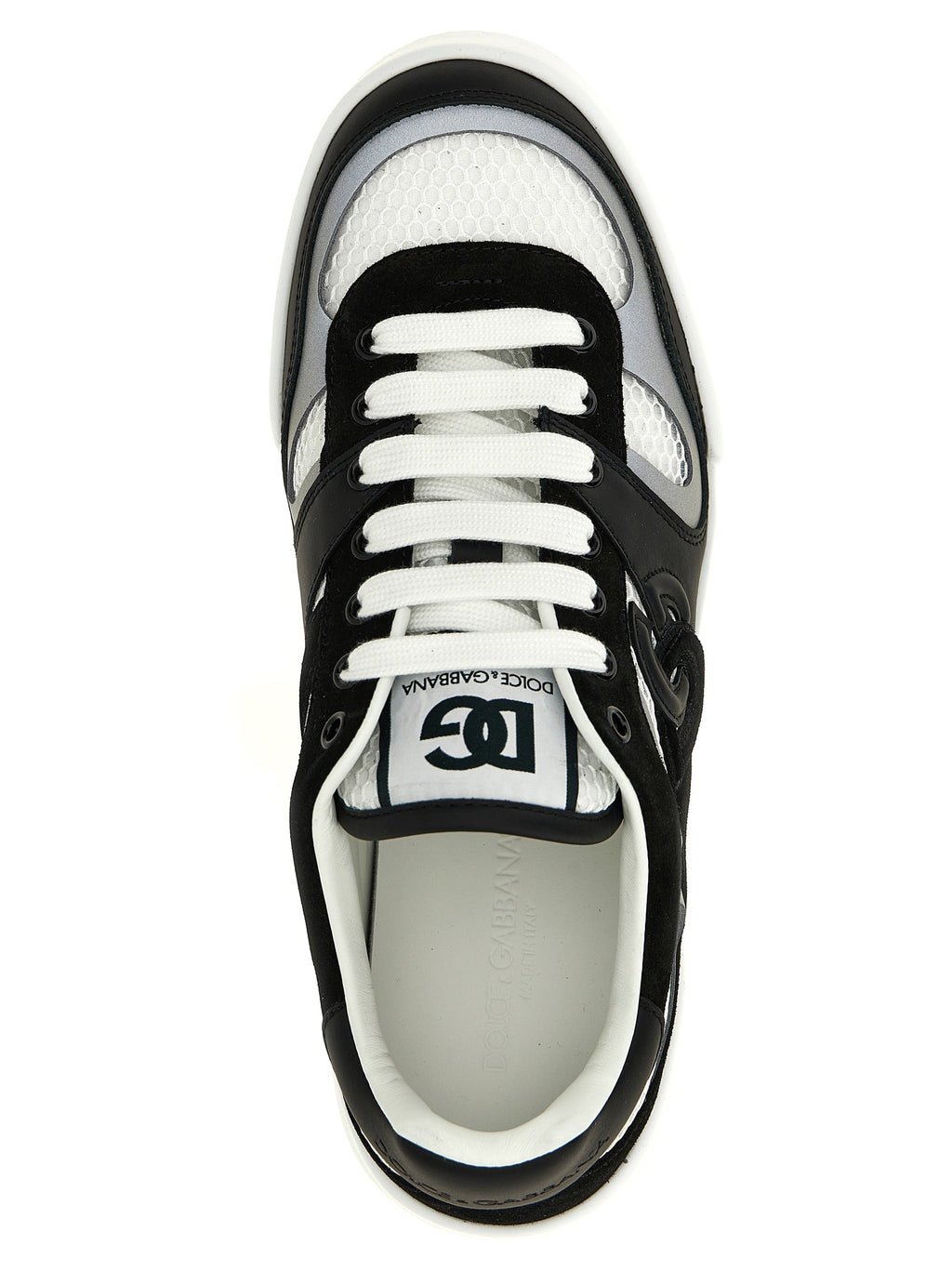 Sneakers bicolores en cuir de veau Dolce & Gabbana, style décontracté et moderne, avec semelle blanche et détails colorés.