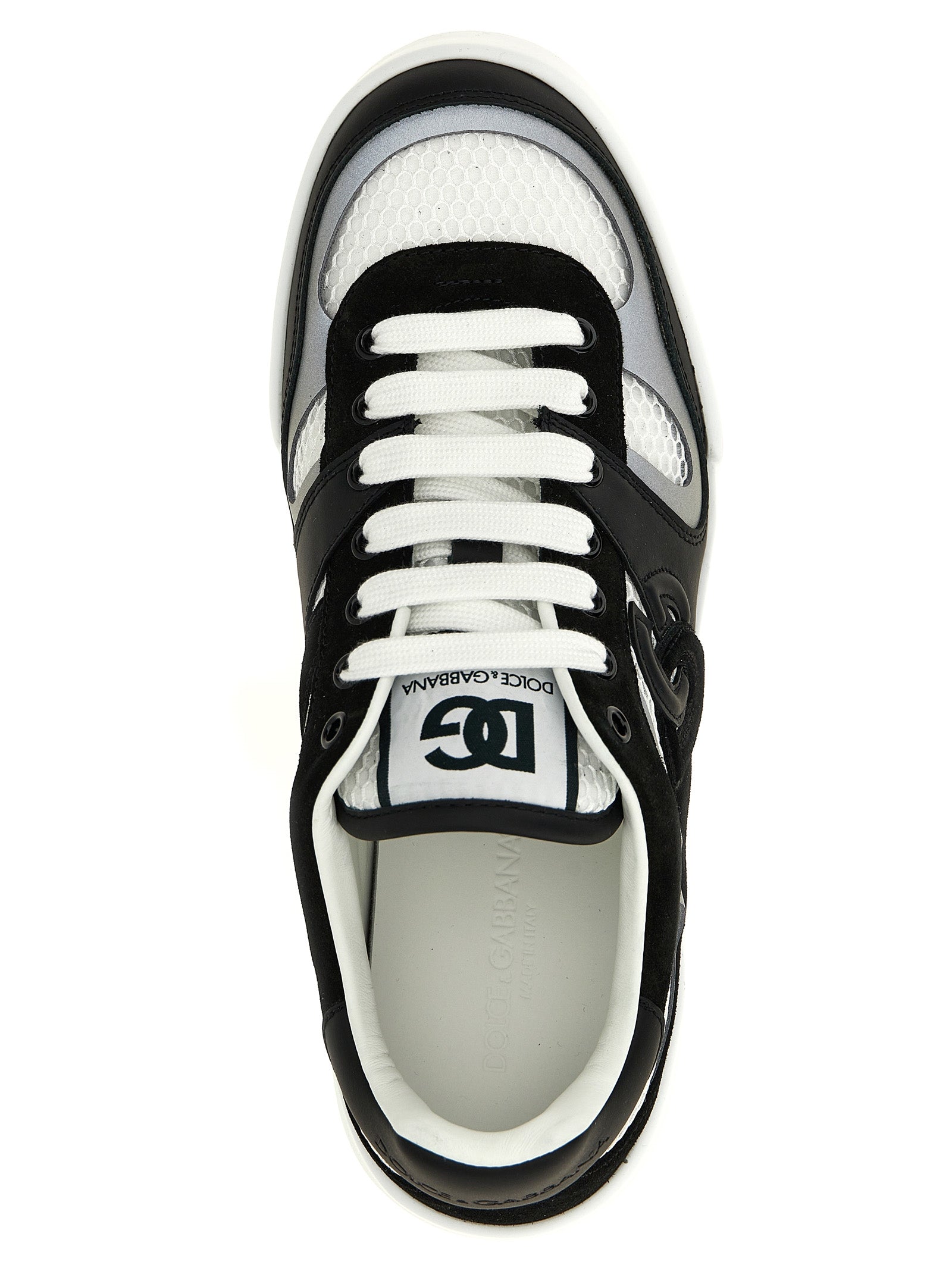 Sneakers bicolores en cuir de veau Dolce & Gabbana, style décontracté et moderne, avec semelle blanche et détails colorés.