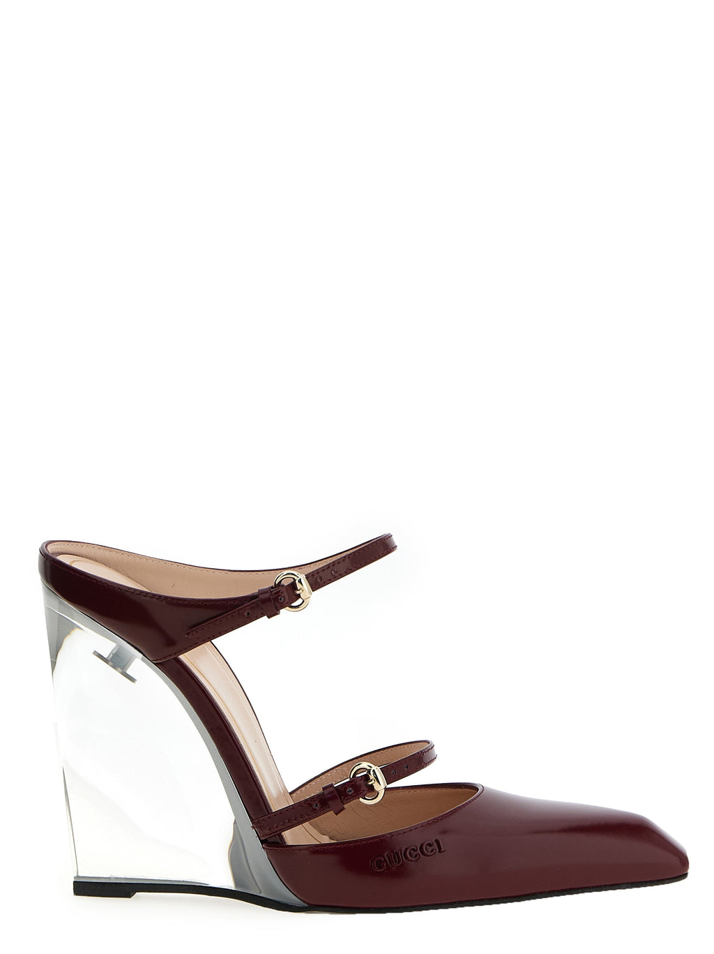 Sandales à talons compensés en cuir multicolore Gucci, avec bride tressée et semelle en caoutchouc.