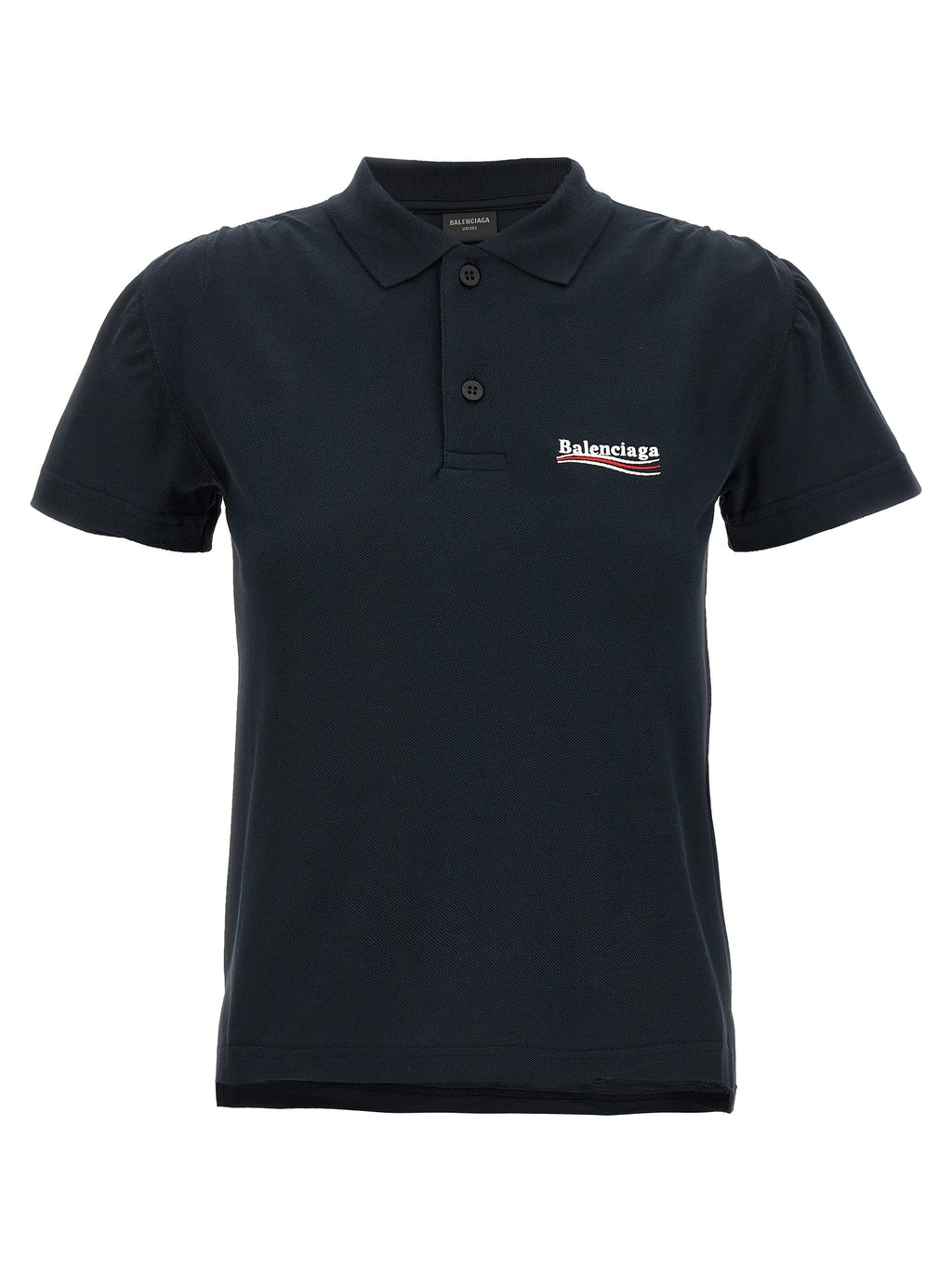 Chemise polo en coton bleu Balenciaga, vue de face, détails du col et des boutons, tissu doux et élégant.