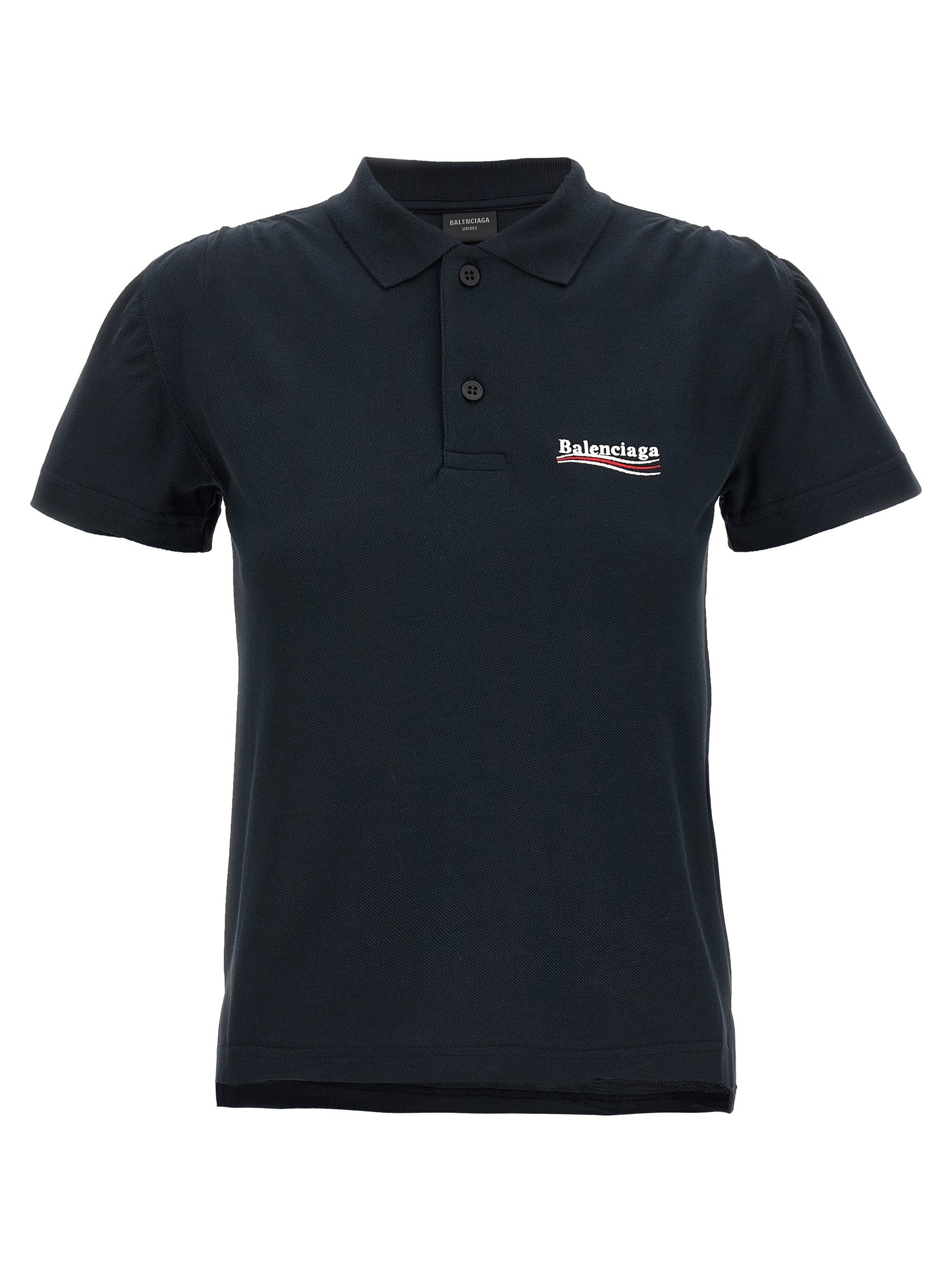 Chemise polo en coton bleu Balenciaga, vue de face, détails du col et des boutons, tissu doux et élégant.