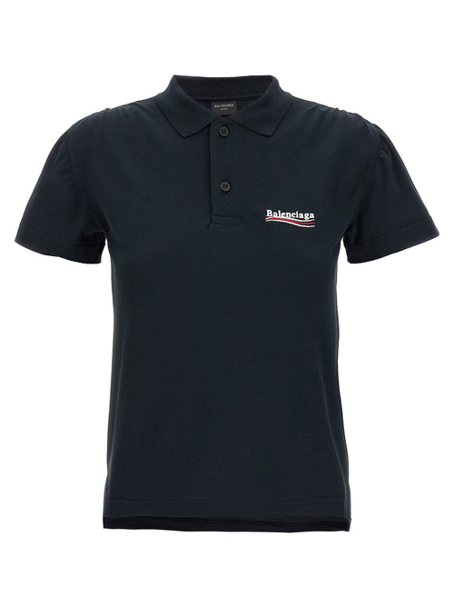 Chemise polo en coton bleu Balenciaga, vue de face, détails du col et des boutons, tissu doux et élégant.