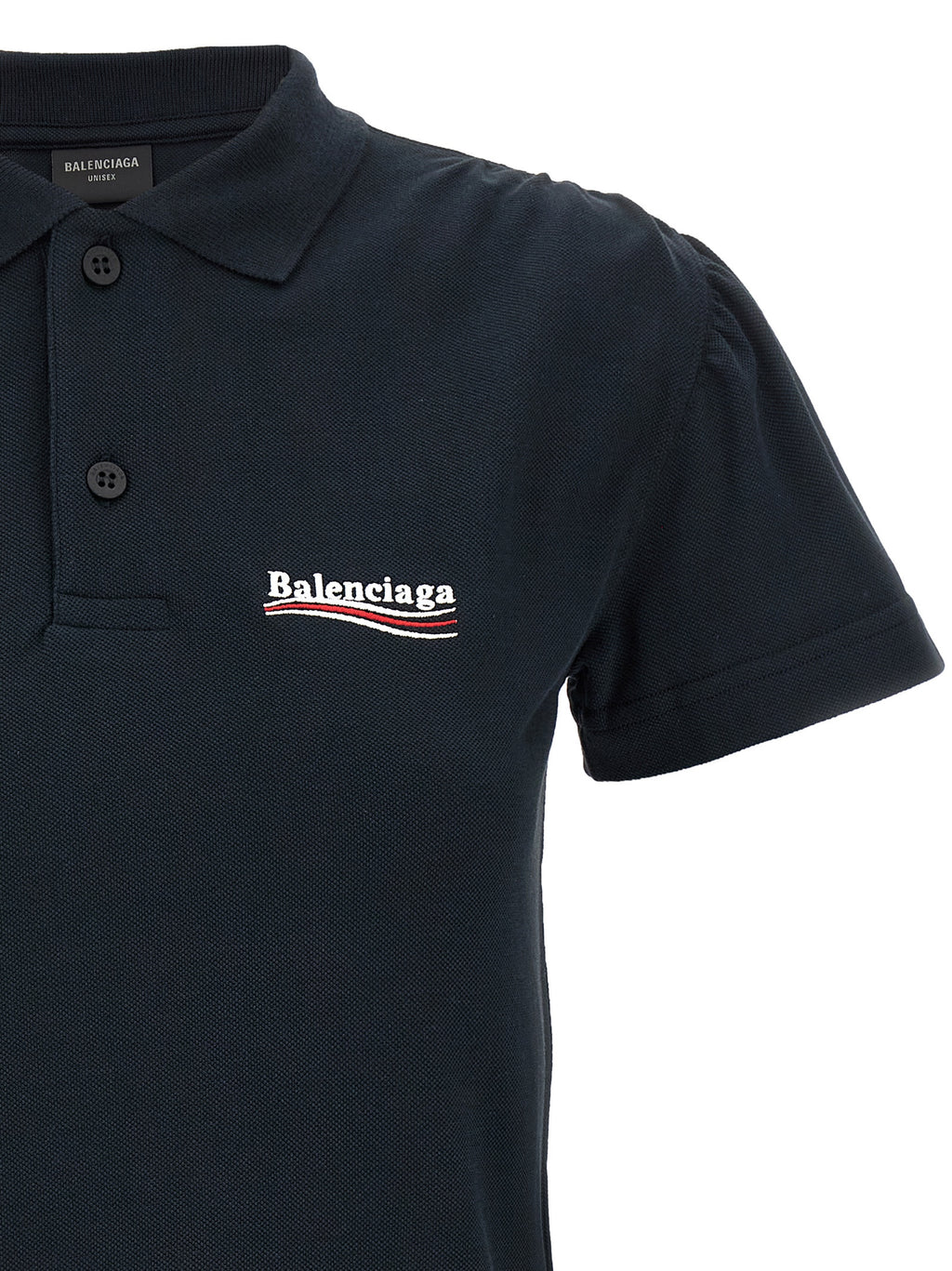 Chemise polo en coton bleu de Balenciaga, vue de face, avec col et boutons, tissu doux et élégant.