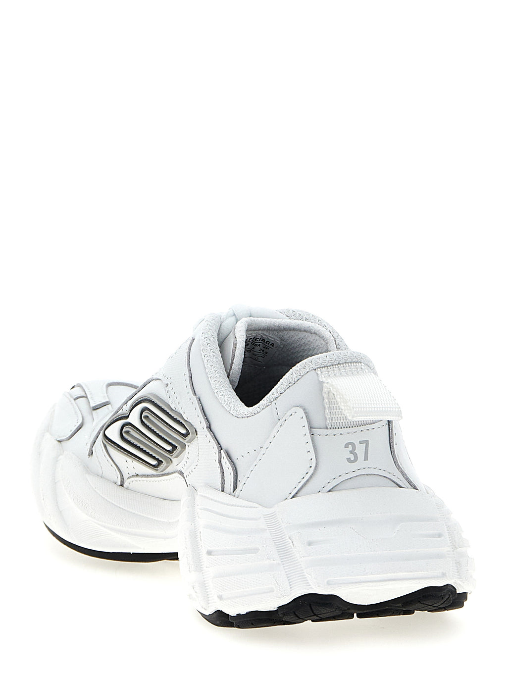 Sneakers athlétiques Balenciaga en cuir de vache blanche, style moderne et confortable, vues de face sur fond neutre.