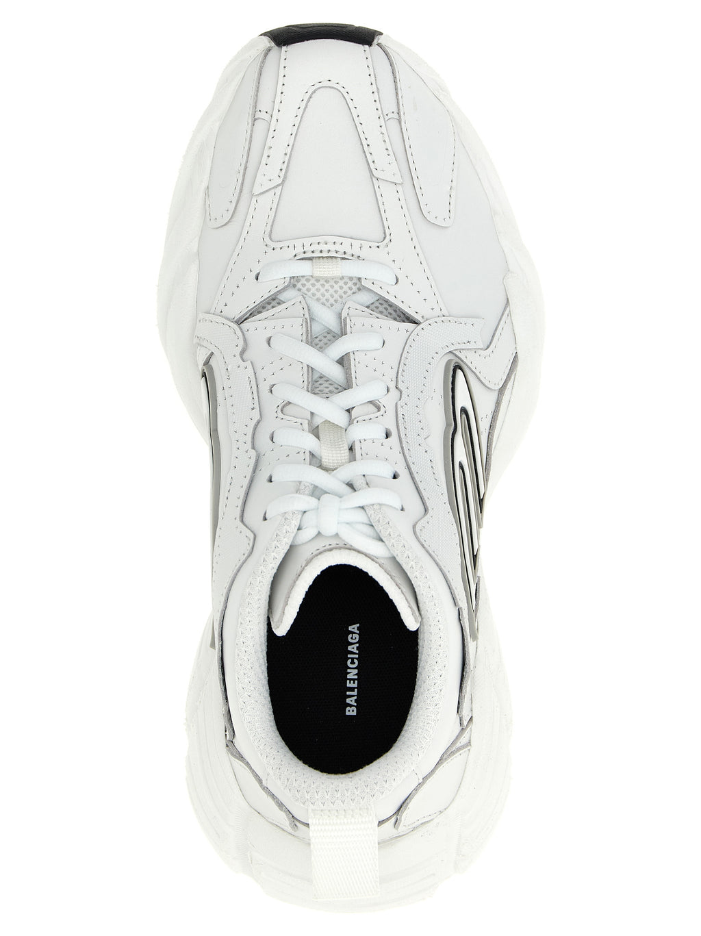 Chaussures de sport Balenciaga en cuir blanc pour hommes, baskets athlétiques élégantes et confortables avec logo visible.