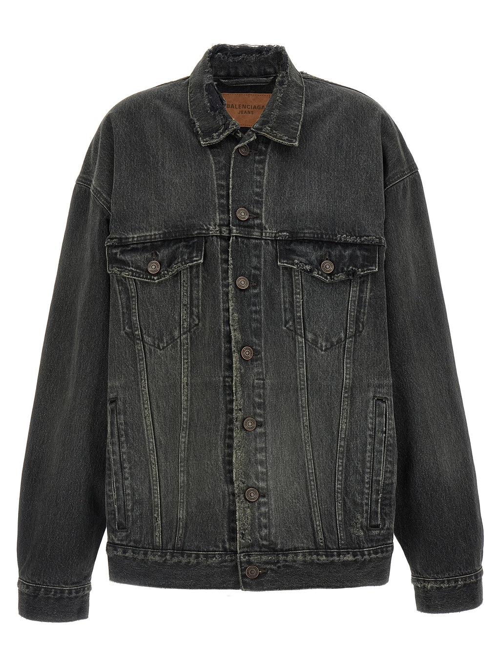 Veste en denim gris Balenciaga en coton avec coupe décontractée et détails modernes, vue de face.