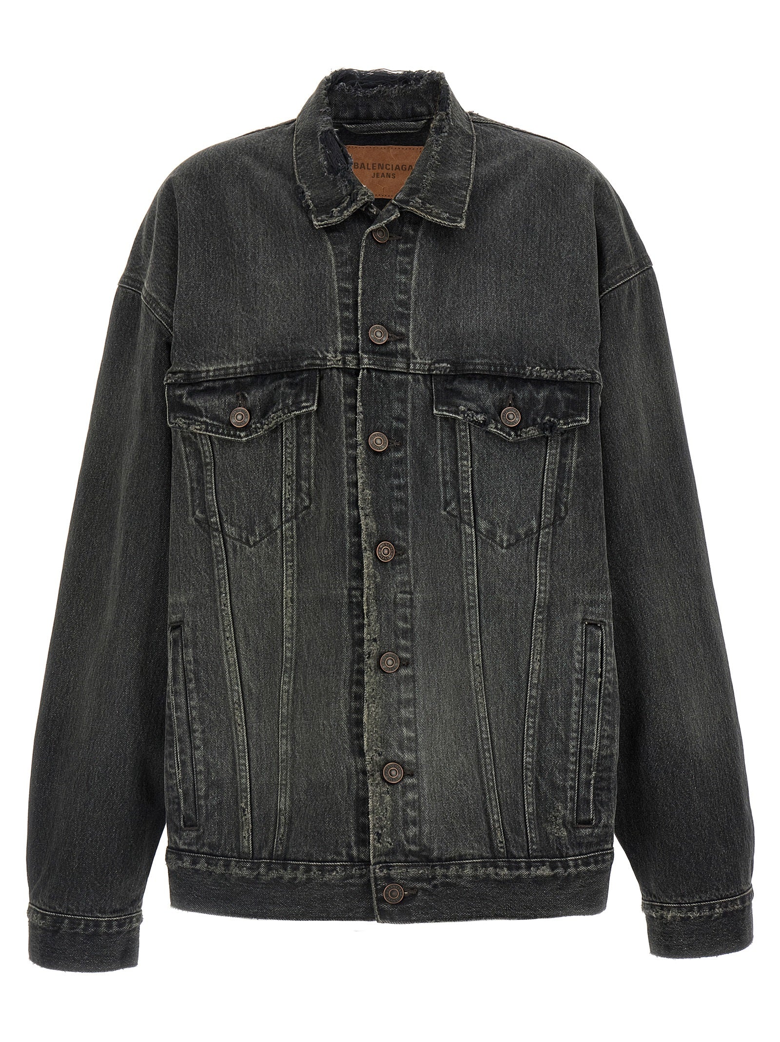 Veste en denim gris Balenciaga en coton avec coupe décontractée et détails modernes, vue de face.