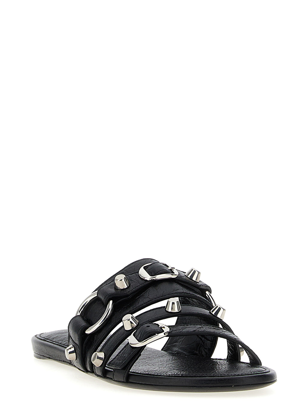 Sandales noires en cuir d'agneau de Balenciaga, avec design élégant et confortable, visibles de face sur fond neutre.