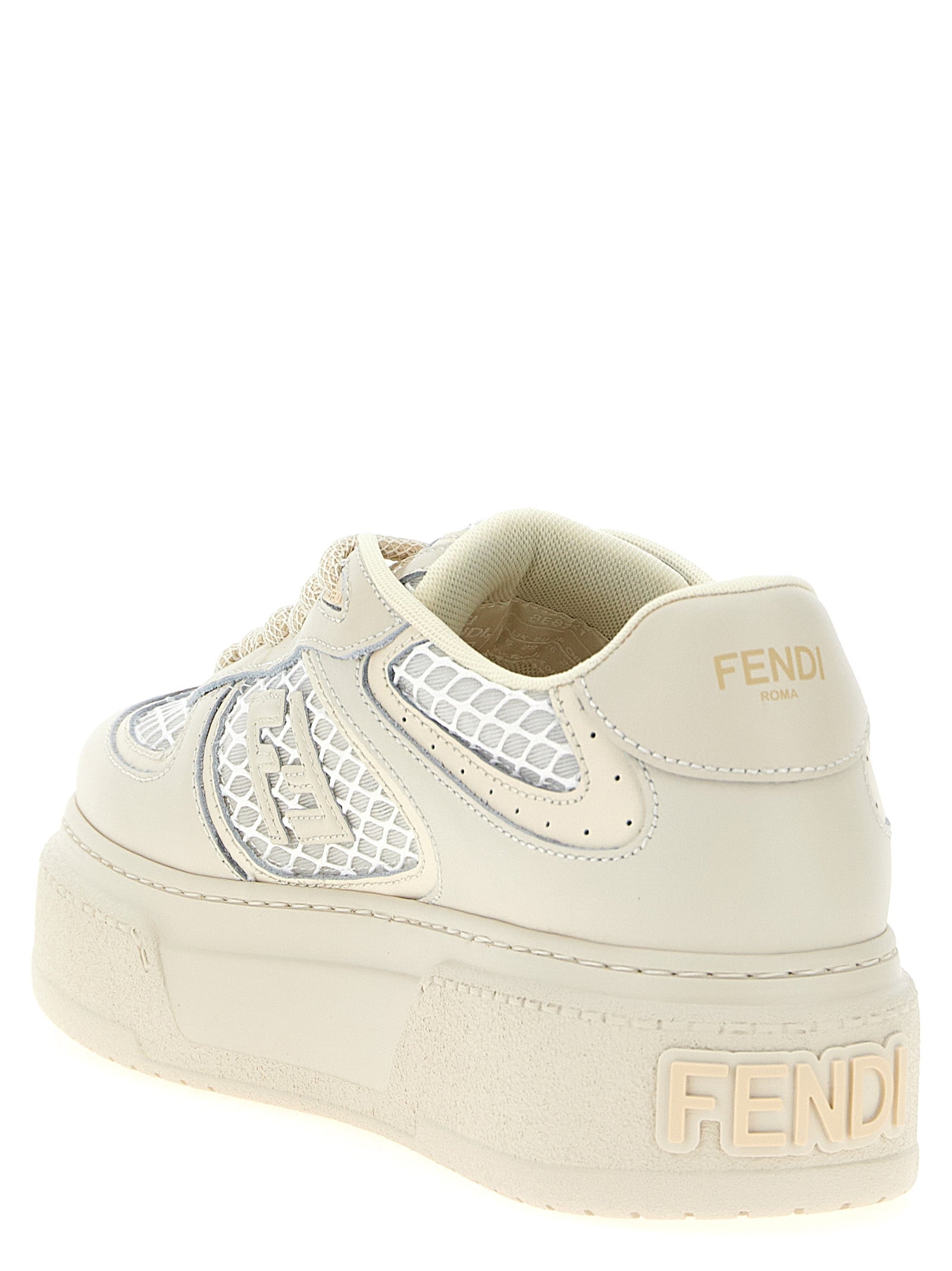 Sneakers plateforme en cuir de veau beige Fendi, chaussures modernes avec semelle épaisse et design élégant.