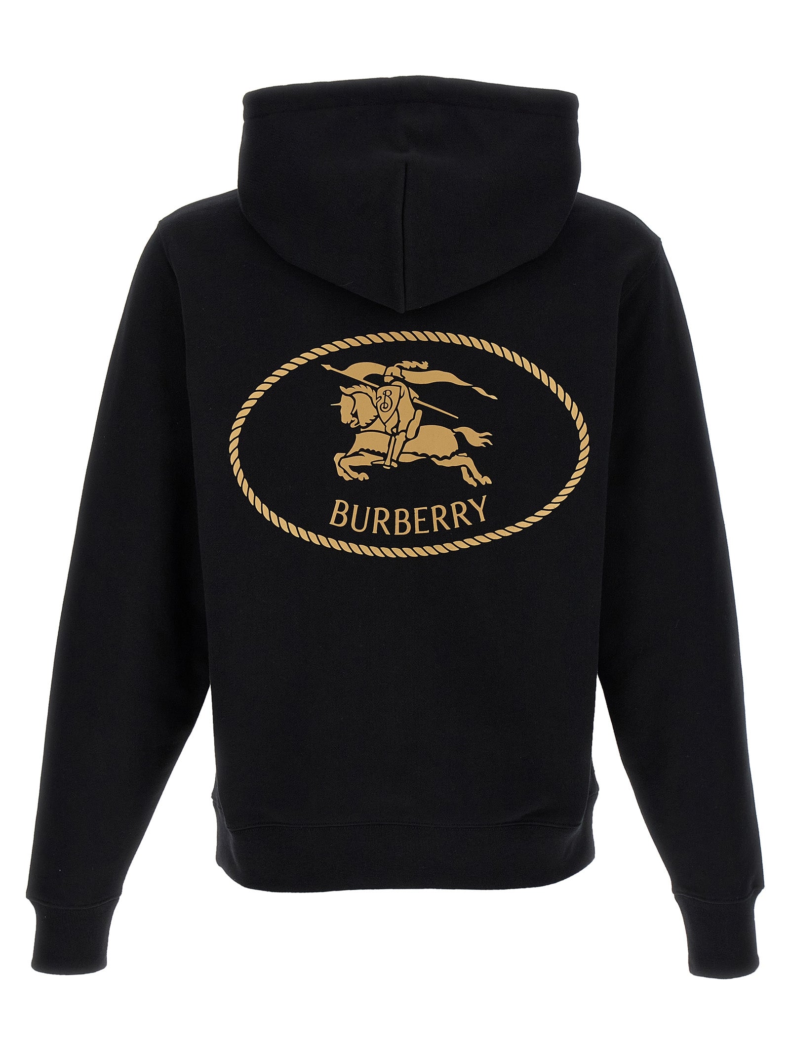 Sweatshirt en coton noir de Burberry, style décontracté avec logo emblématique, porté par un mannequin.