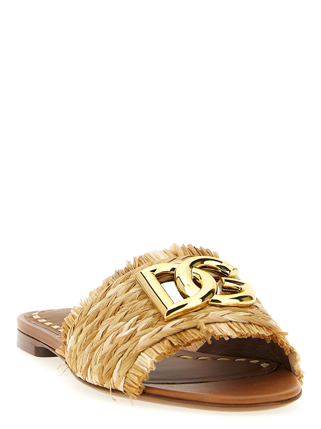 Sandales en raffia marron de Dolce & Gabbana, vue de face, avec détails en tissu et semelle en caoutchouc.