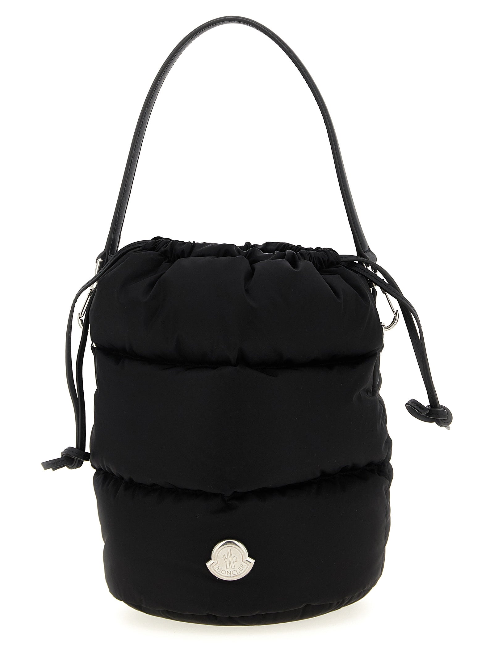 Sac à main Moncler en polyamide noir, avec poignées et détails élégants, pour un style chic et pratique.