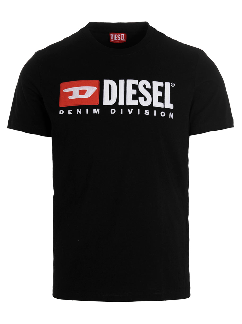 T-shirt en coton noir Diesel, coupe classique, avec logo Diesel visible, porté sur un mannequin.