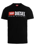 T-shirt en coton noir Diesel, coupe classique, avec logo Diesel visible, porté sur un mannequin.