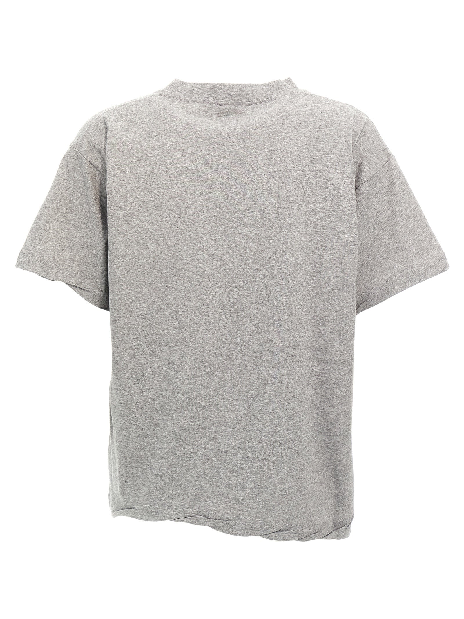 T-shirt gris en coton de Balenciaga, coupe classique, porté sur mannequin, détails du col et du logo discret visible.