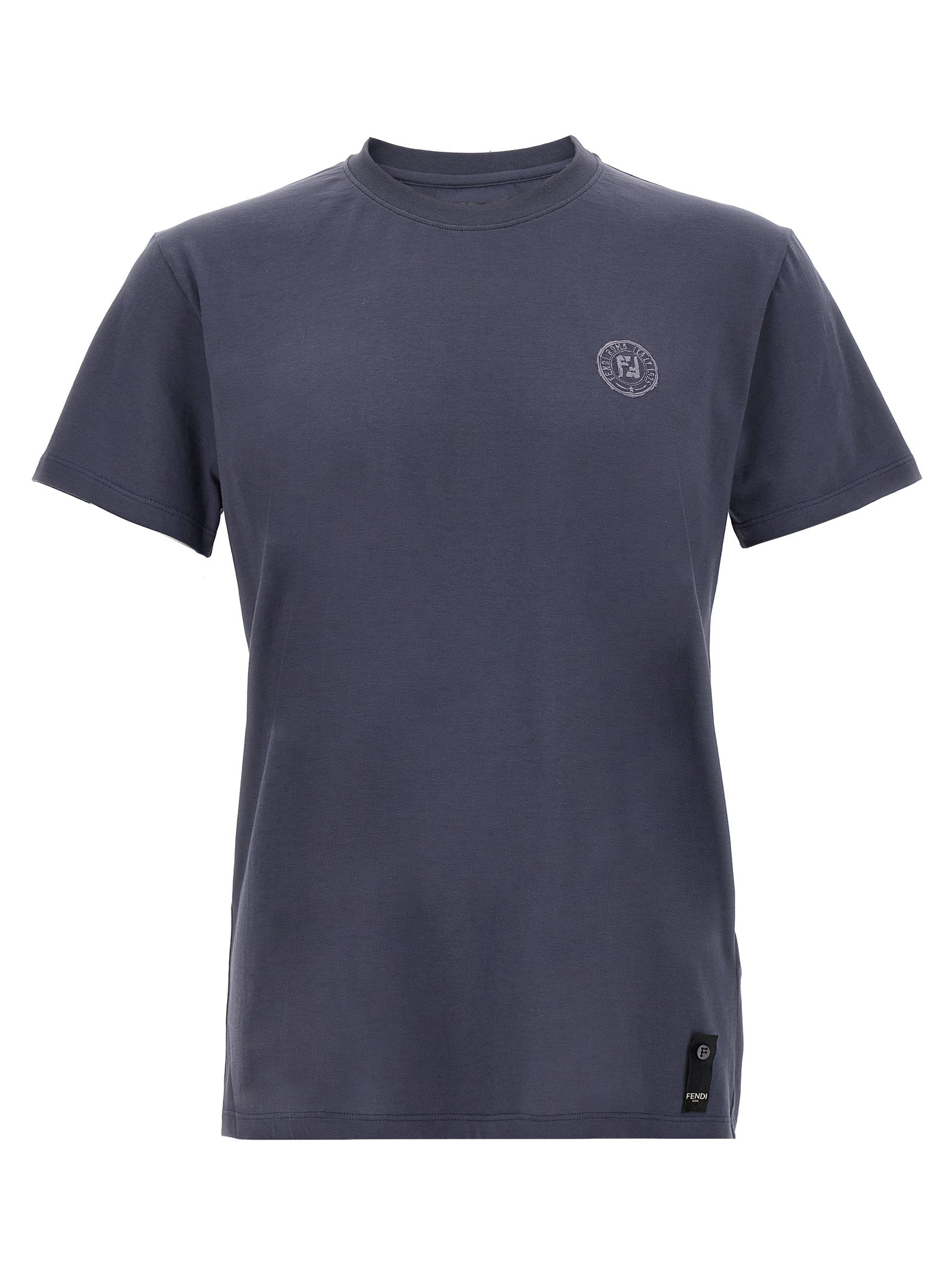 T-shirt en coton bleu de la marque Fendi, coupe classique, logo Fendi sur la poitrine, vue de face.