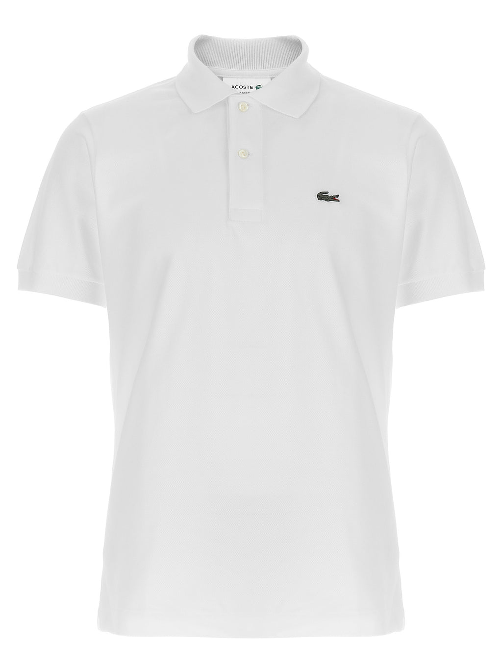 Chemise polo blanche en coton Lacoste avec col et logo crocodile, vue de face.