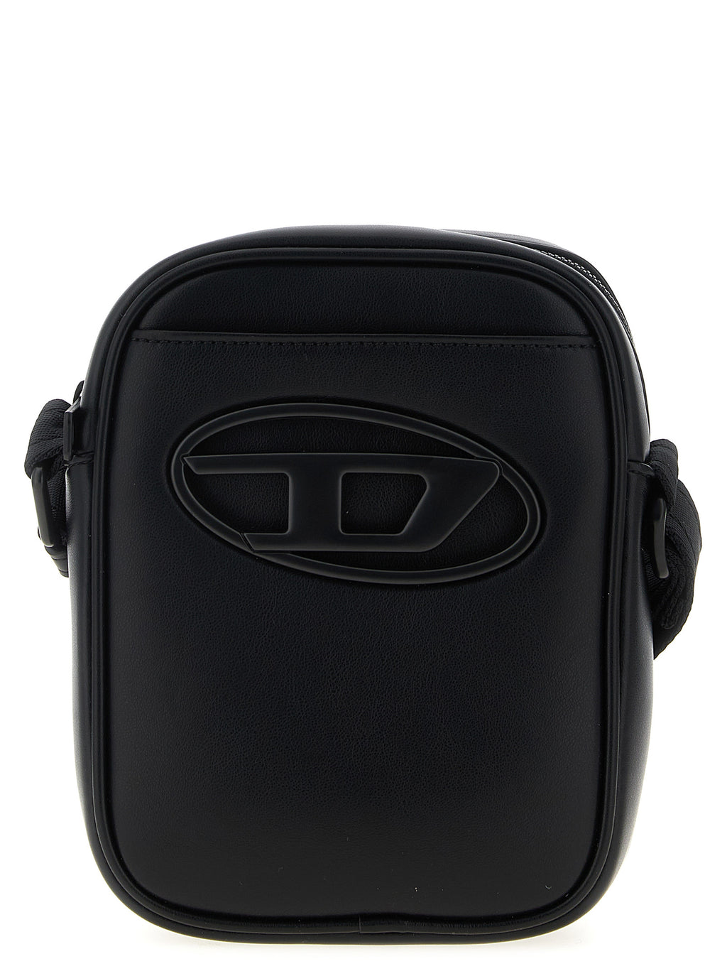 Sac bandoulière Diesel en polyéthylène noir avec logo et poches extérieures visible sur l'image.