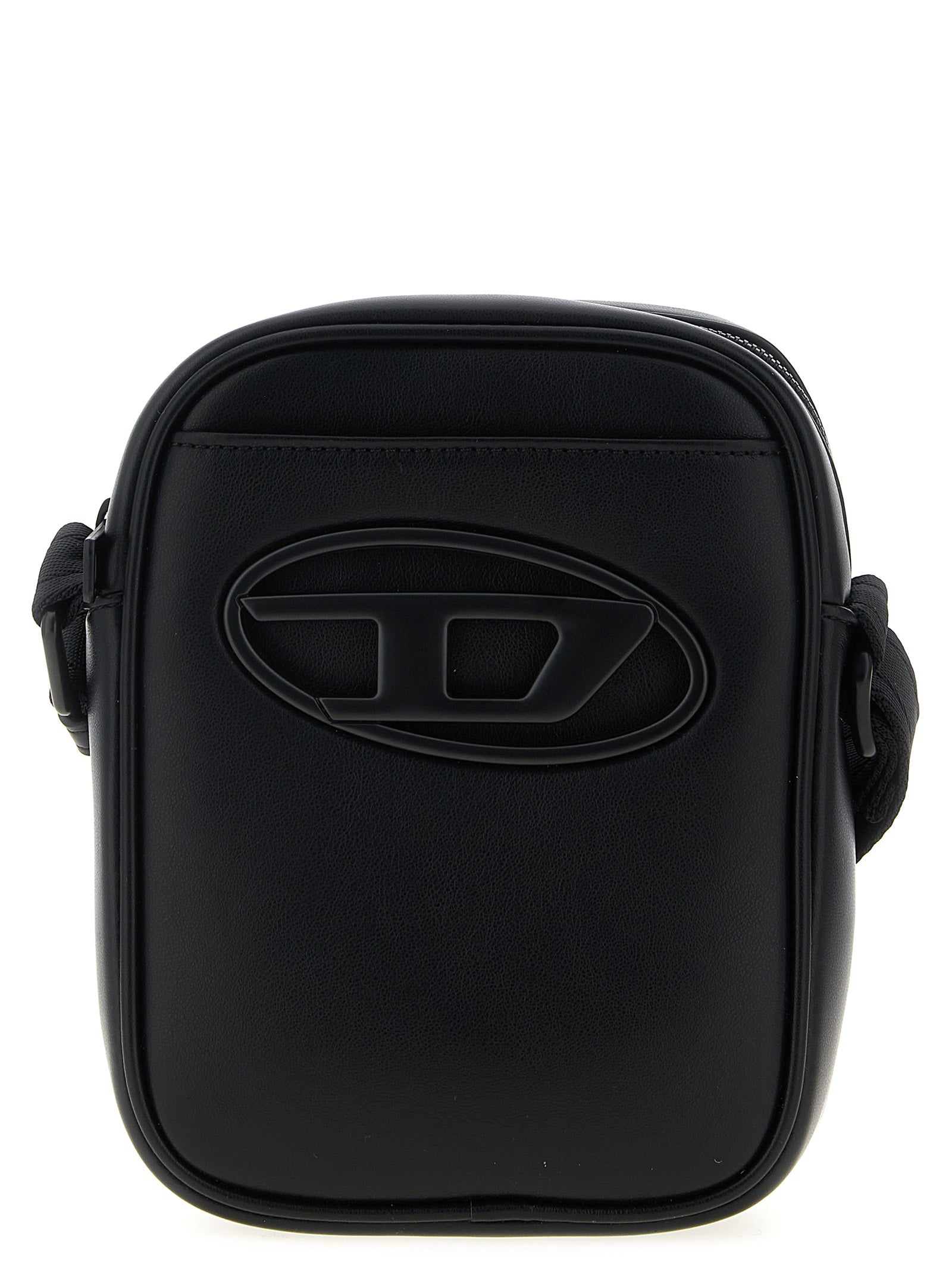 Sac bandoulière Diesel en polyéthylène noir avec logo et poches extérieures visible sur l'image.