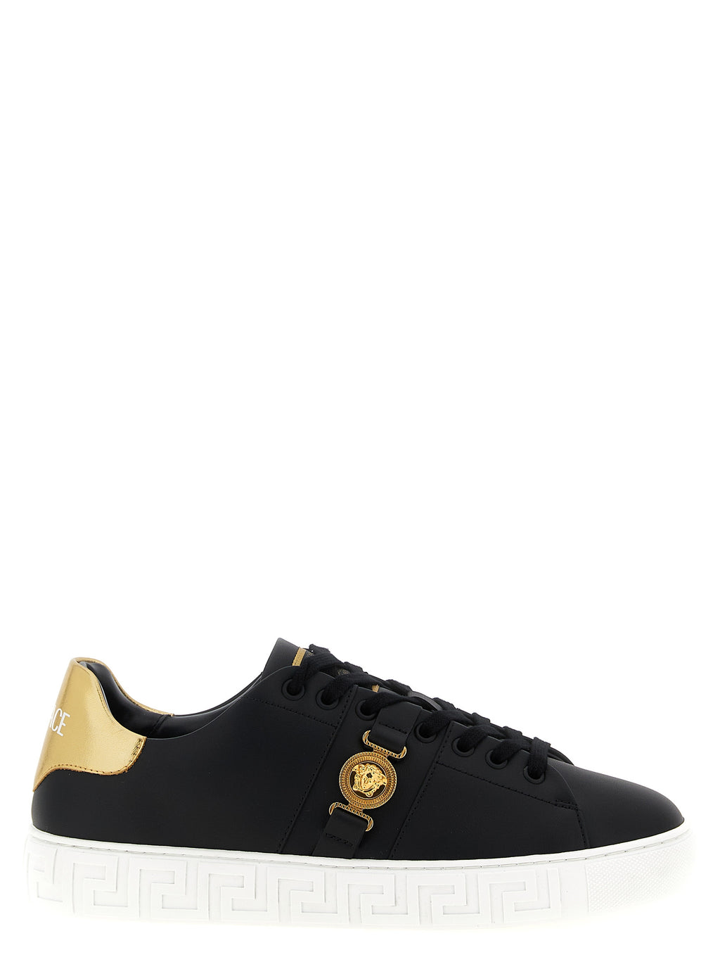 Basket en nylon noir Versace, baskets basses élégantes avec logo distinctif, parfaites pour un style moderne et sophistiqué.