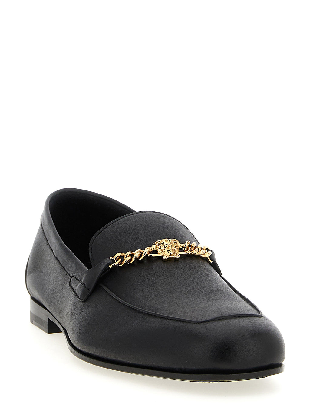 Mocassins noirs en cuir de veau Versace, chaussures slip-on élégantes avec logo distinctif, pour homme.