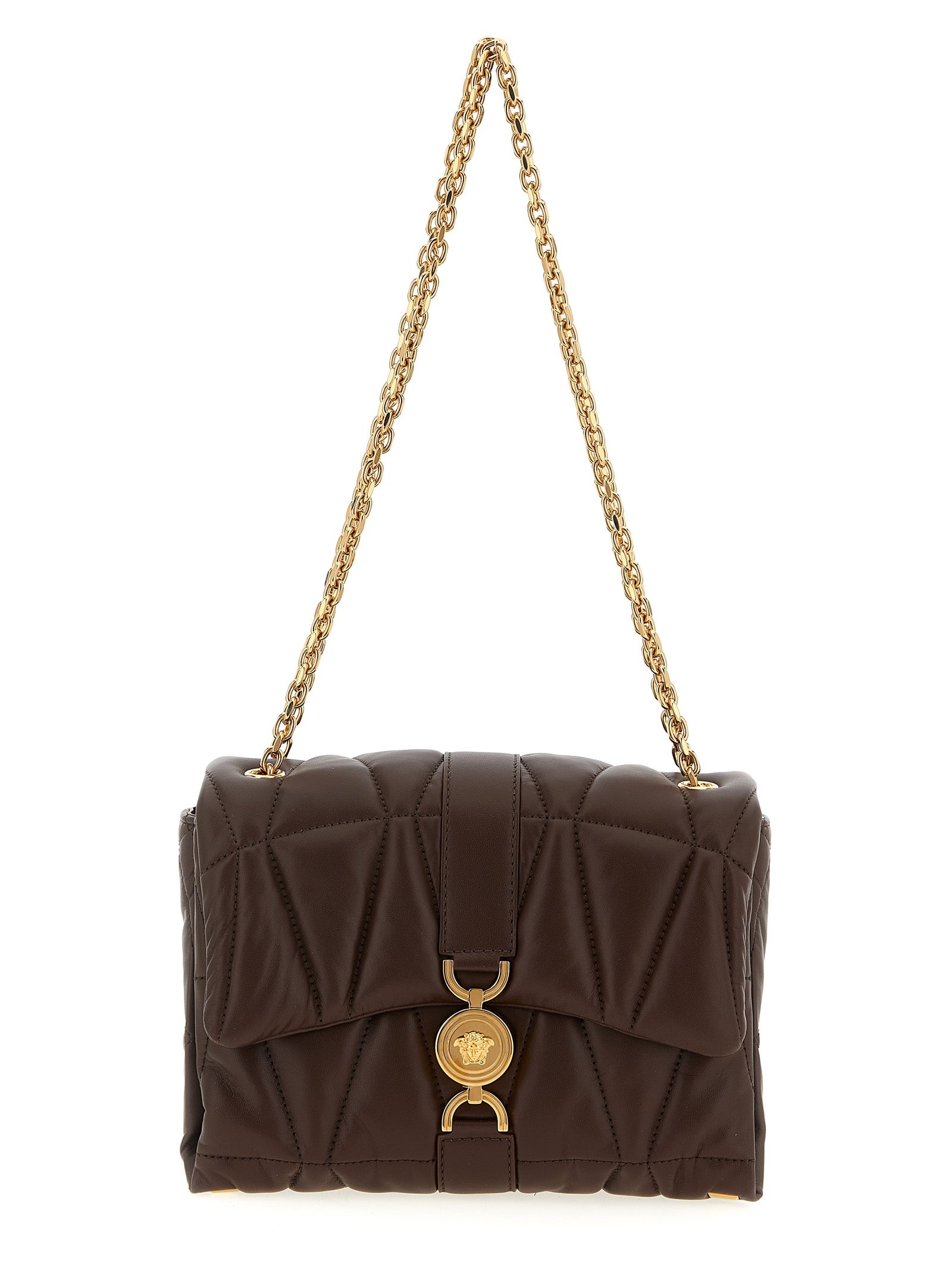Sac à épaule en cuir d'agneau marron de Versace, avec logo emblématique et détails élégants, visible en gros plan.