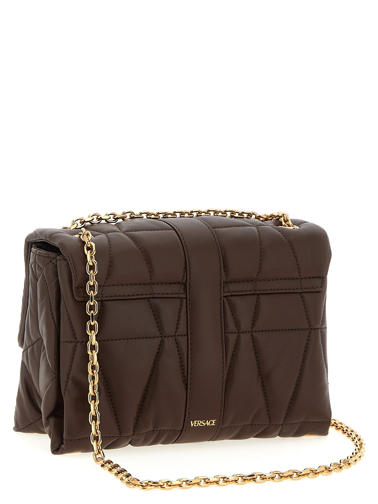 Sac à épaule en cuir d'agneau marron de Versace, élégant et luxueux, avec détails de la marque.