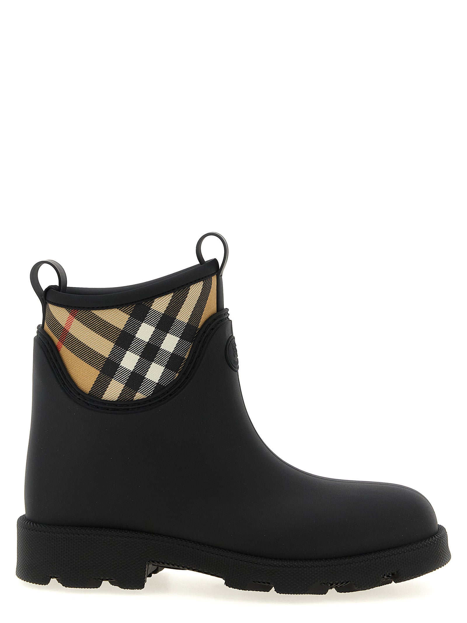 Bottes ankle en caoutchouc noir Burberry, élégantes et imperméables, avec logo emblématique sur la tige.