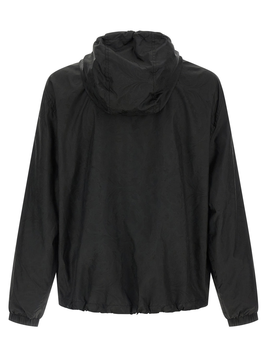 Veste en nylon noir Versace, coupe moderne, avec logo emblématique, détails élégants et fermeture éclair.