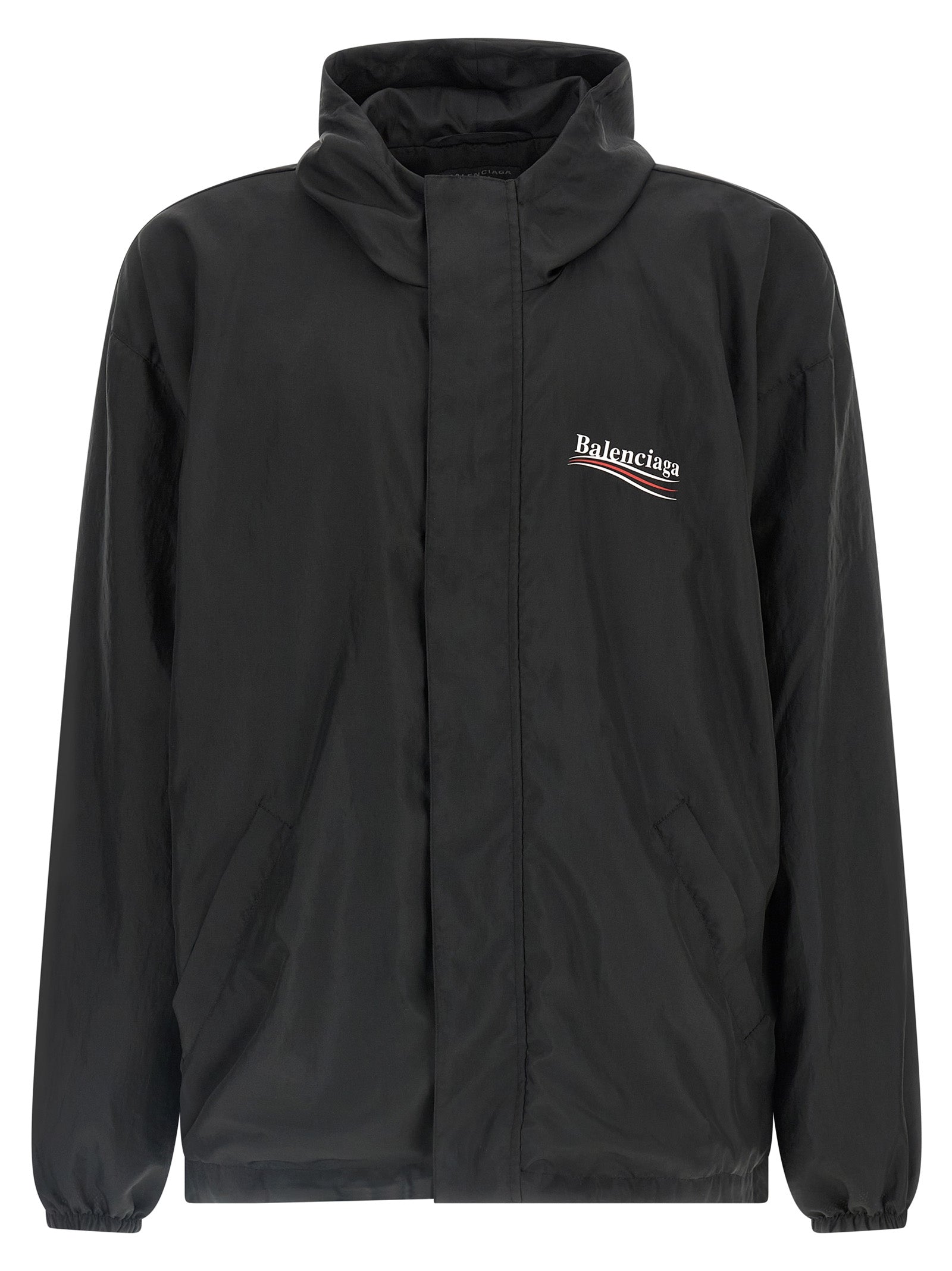 Veste en polyester noire Balenciaga, coupe moderne avec col montant et poches latérales, vue frontale.