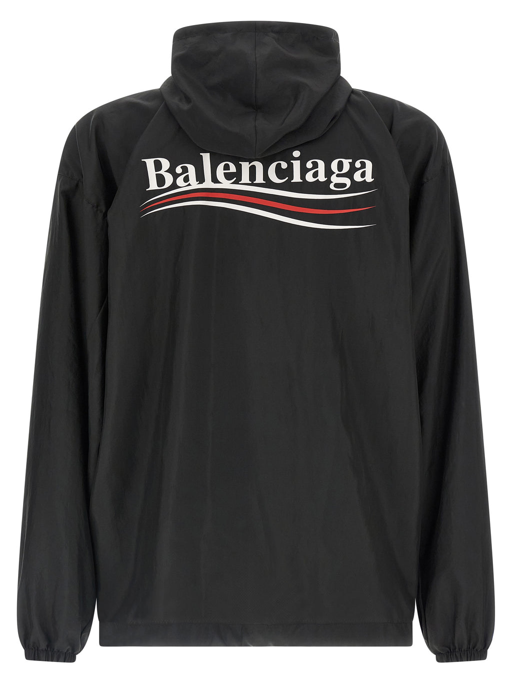 Veste en polyester noire Balenciaga, coupe moderne, avec capuche et détails élégants, adaptée pour un style urbain.
